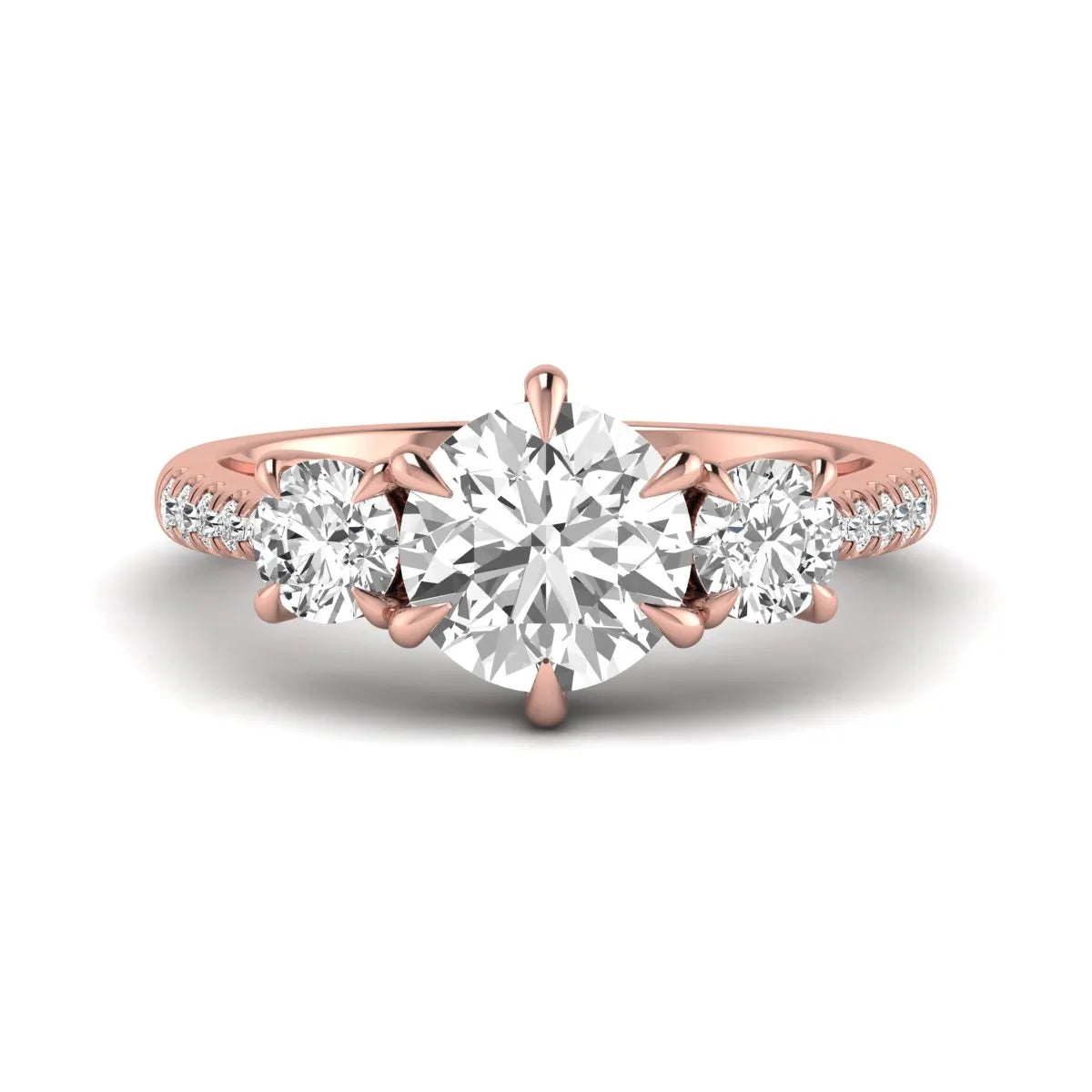 Round cut lab grown diamond three stone engagement ring with two round side diamonds and diamond accented shoulders in rose gold