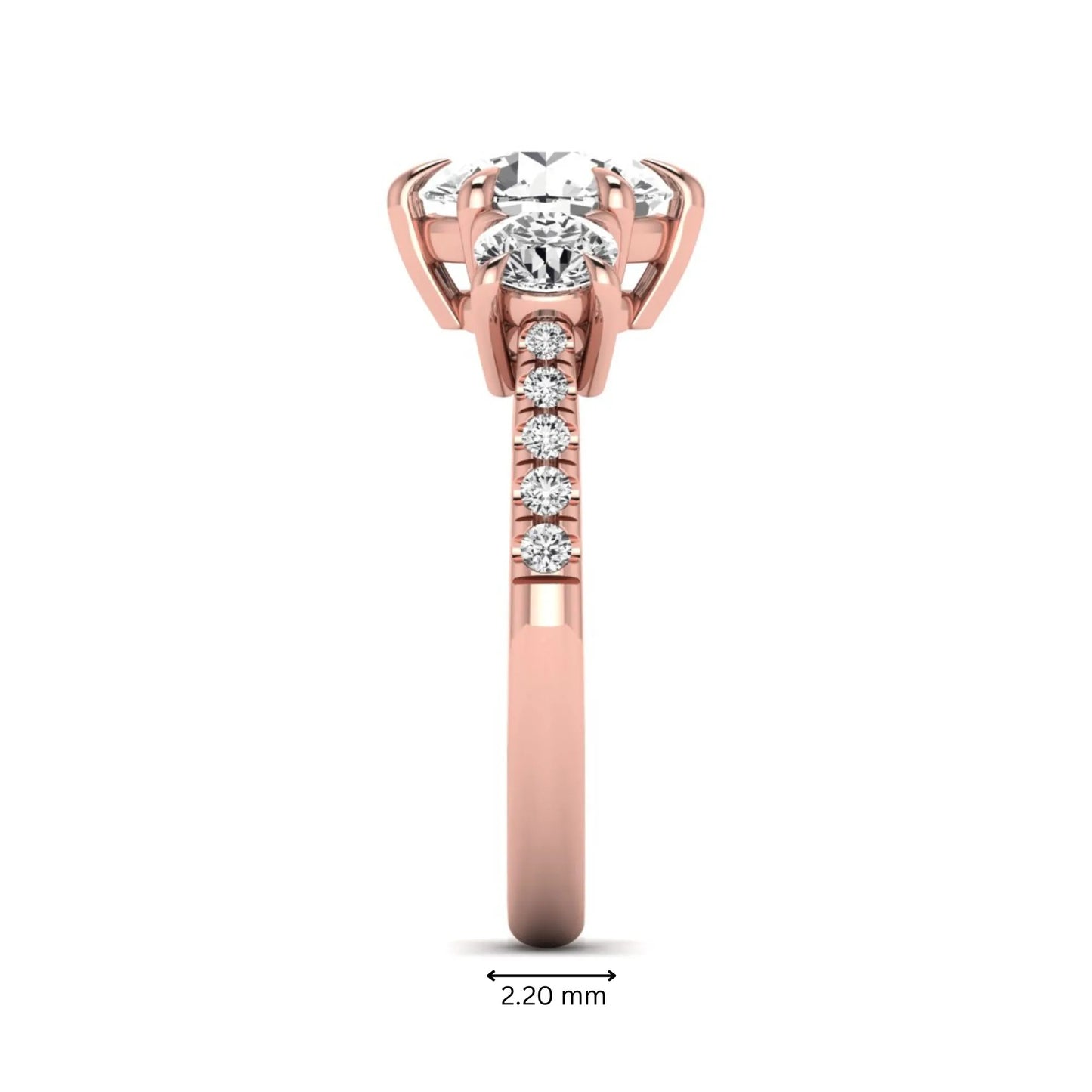 Round cut lab grown diamond three stone engagement ring with two round side diamonds and diamond accented shoulders in rose gold
