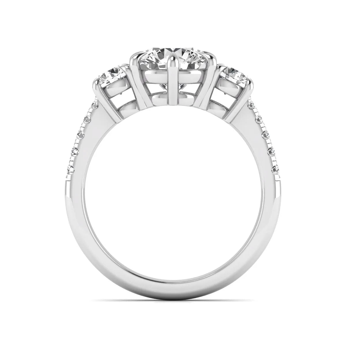 Round cut lab grown diamond three stone engagement ring with two round side diamonds and diamond accented shoulders in white gold