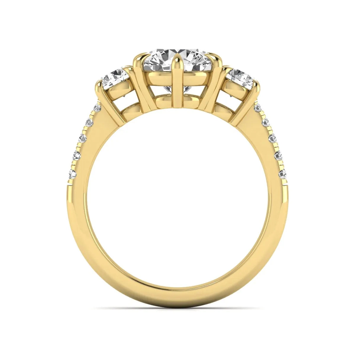 Round cut lab grown diamond three stone engagement ring with two round side diamonds and diamond accented shoulders in yellow gold