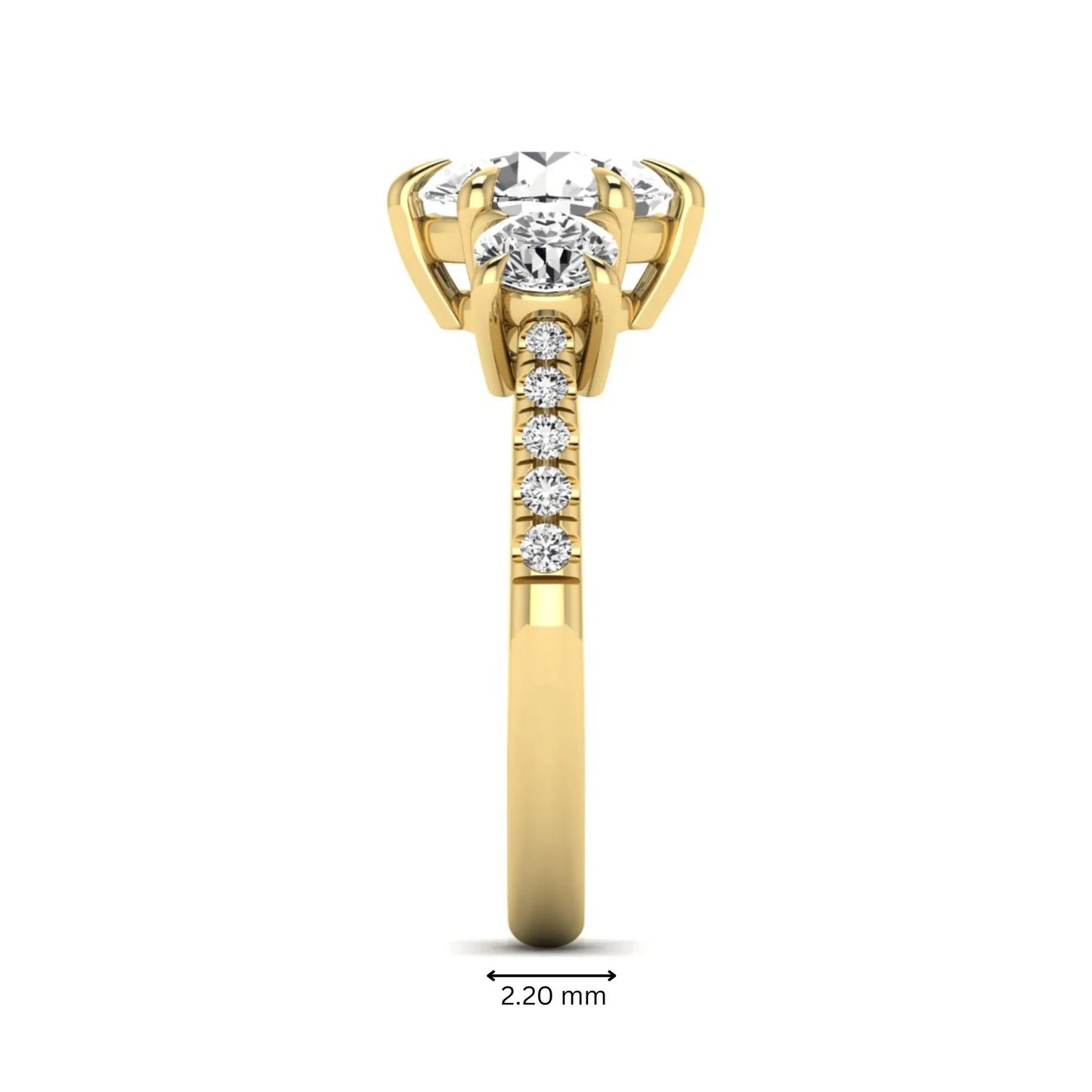 Round cut lab grown diamond three stone engagement ring with two round side diamonds and diamond accented shoulders in yellow gold