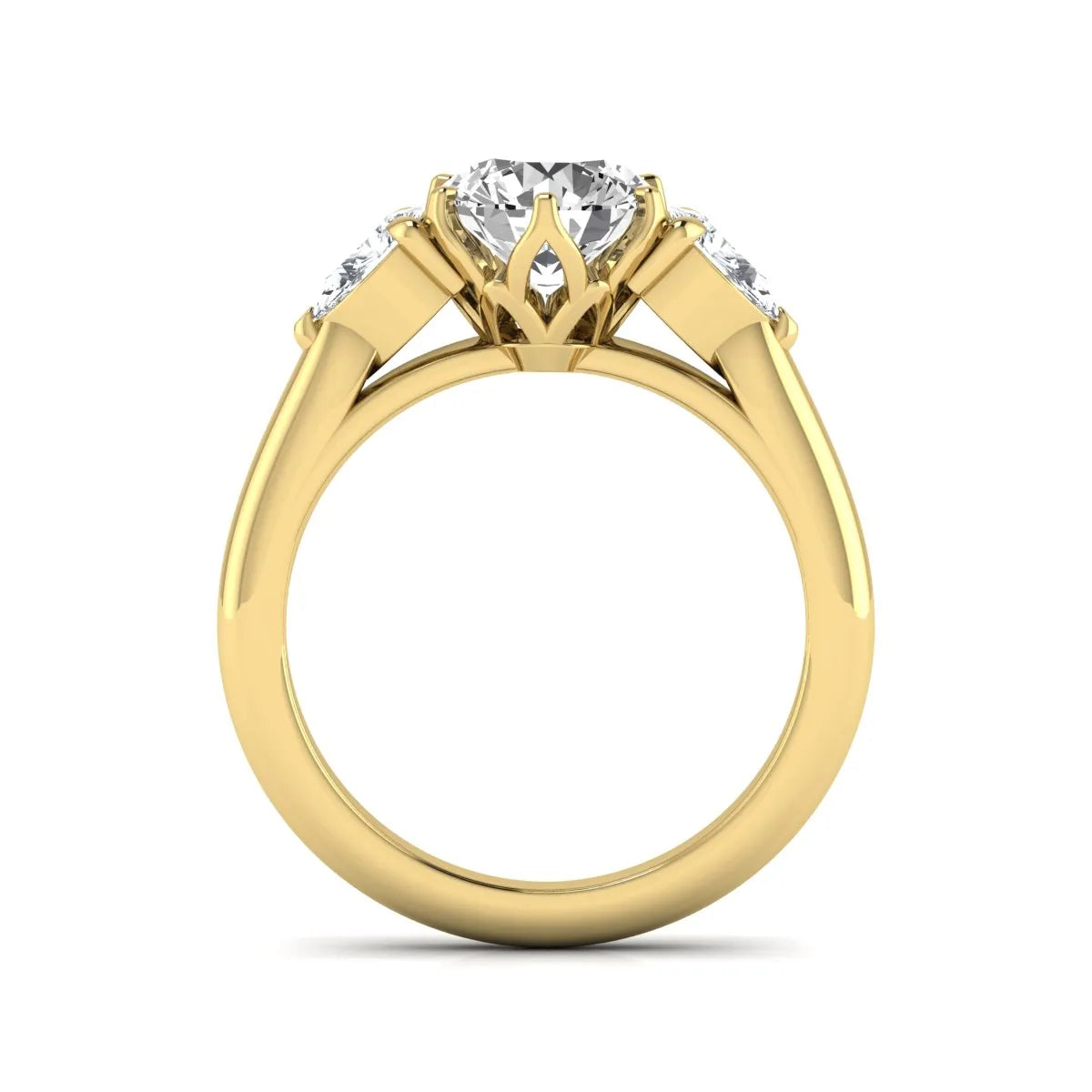 Round cut lab grown diamond three stone engagement ring with pear side diamonds in yellow gold.