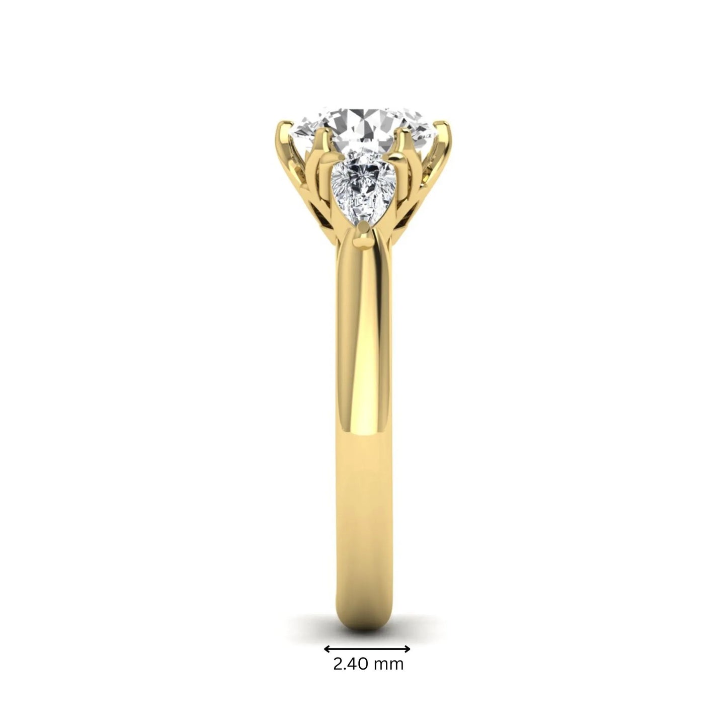 Round cut lab grown diamond three stone engagement ring with pear side diamonds in yellow gold.