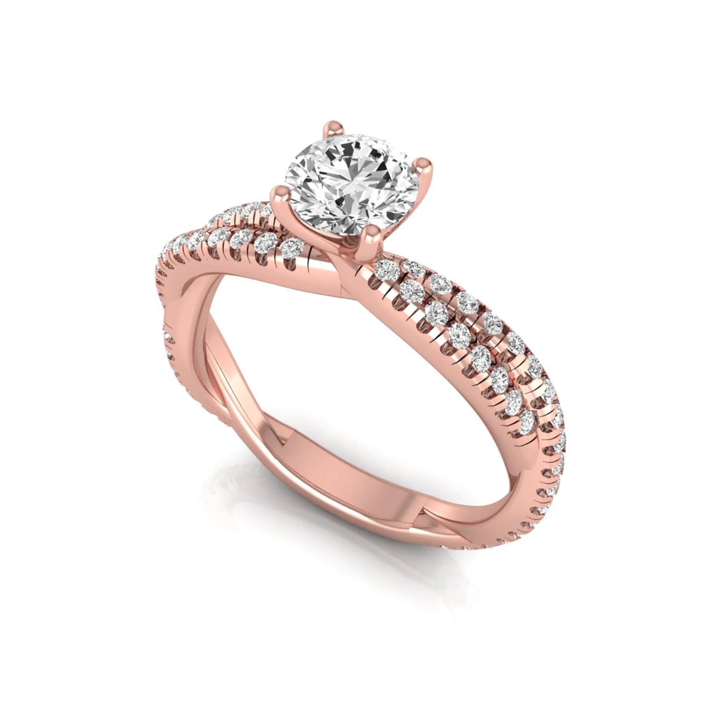 Round cut lab grown diamond engagement ring featuring a twisted pavé diamond shank in rose gold.
