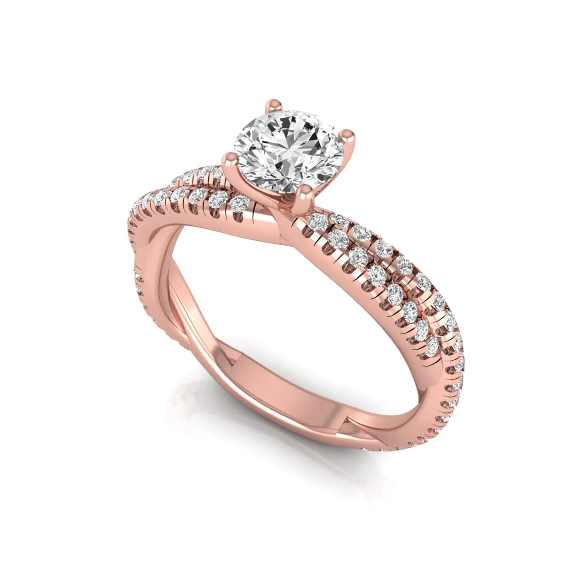 Round cut lab grown diamond engagement ring featuring a twisted pavé diamond shank in rose gold.