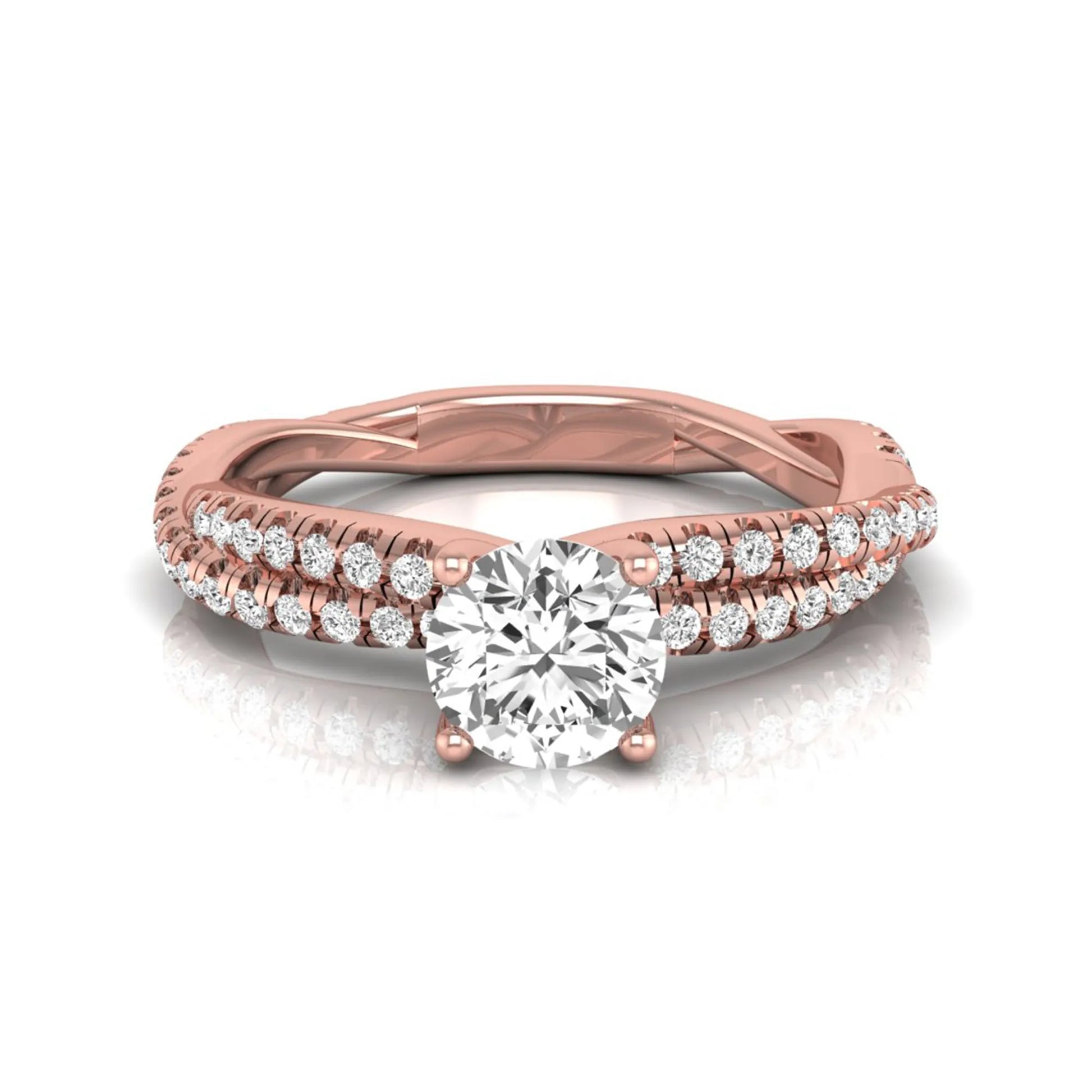 Round cut lab grown diamond engagement ring featuring a twisted pavé diamond shank in rose gold.