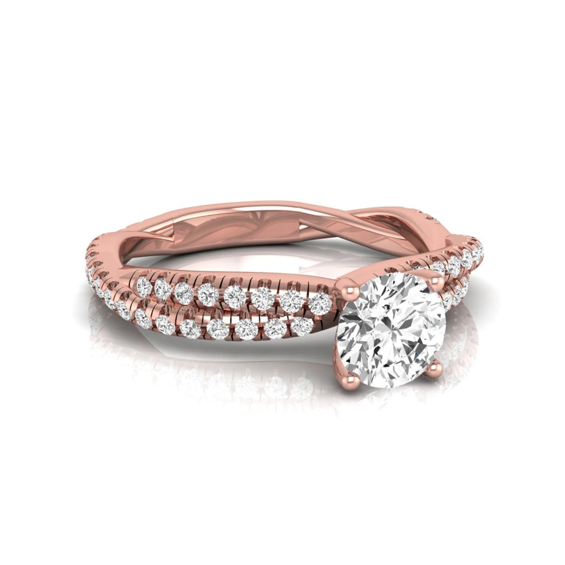 Round cut lab grown diamond engagement ring featuring a twisted pavé diamond shank in rose gold.