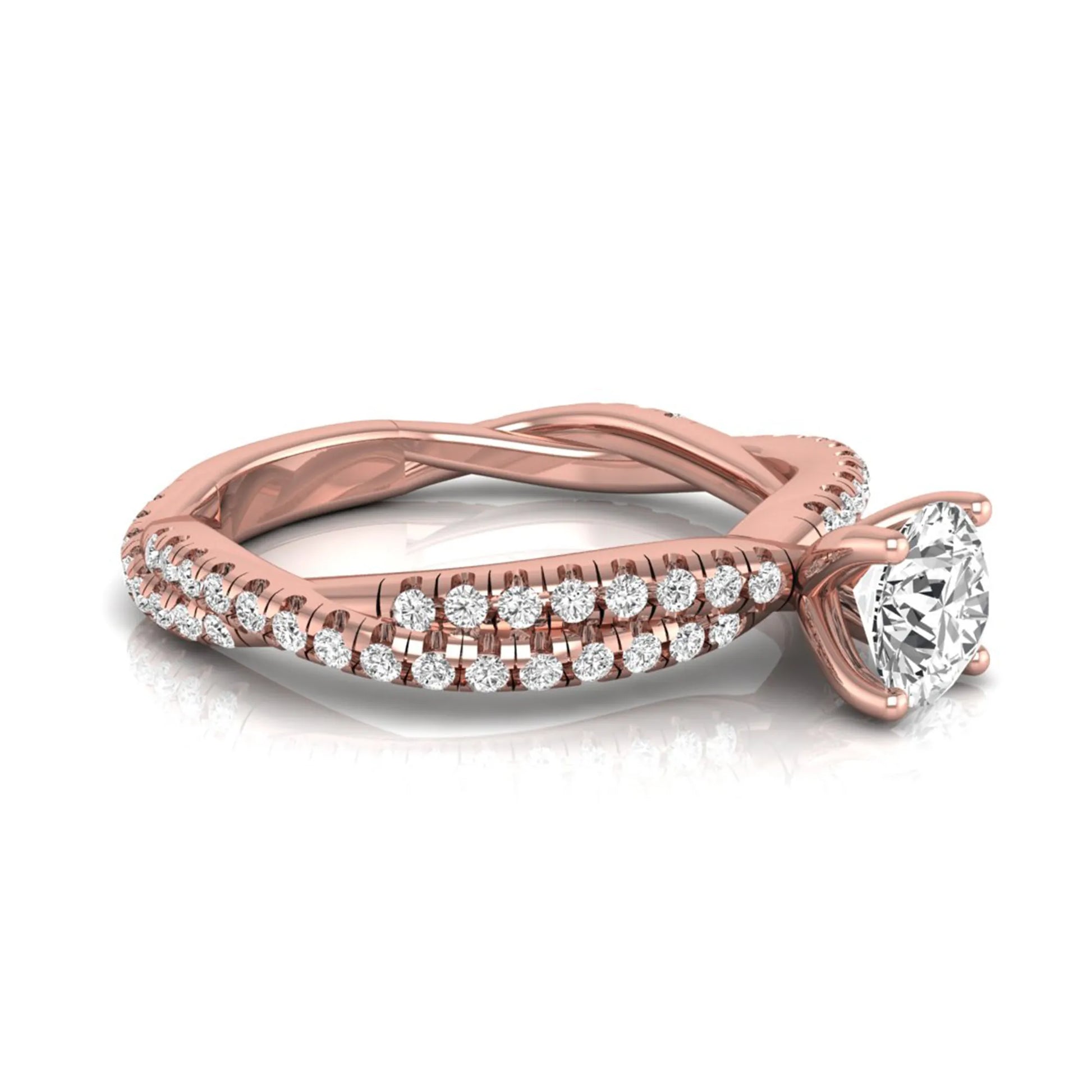 Round cut lab grown diamond engagement ring featuring a twisted pavé diamond shank in rose gold.