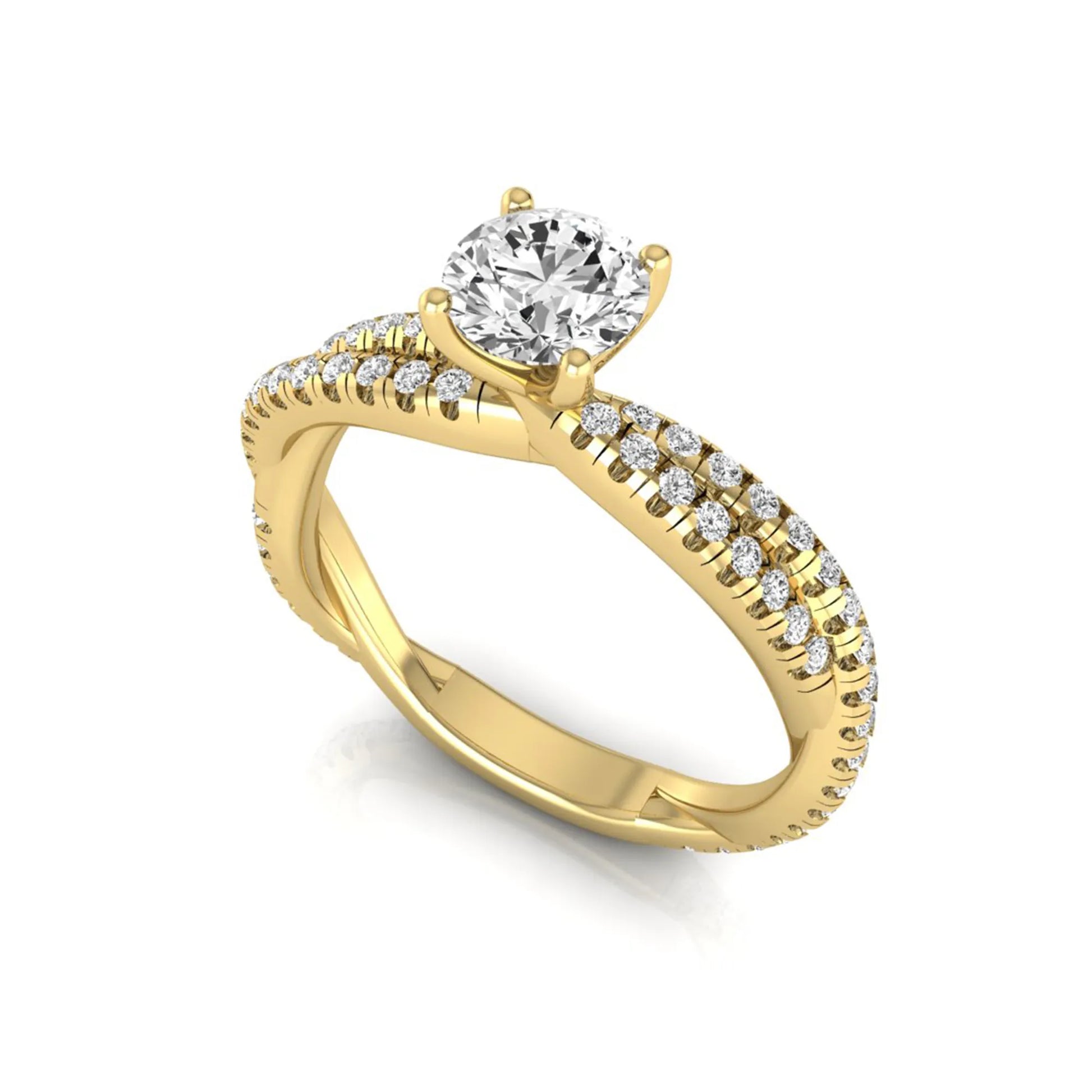 Round cut lab grown diamond engagement ring featuring a twisted pavé diamond shank in yellow gold.