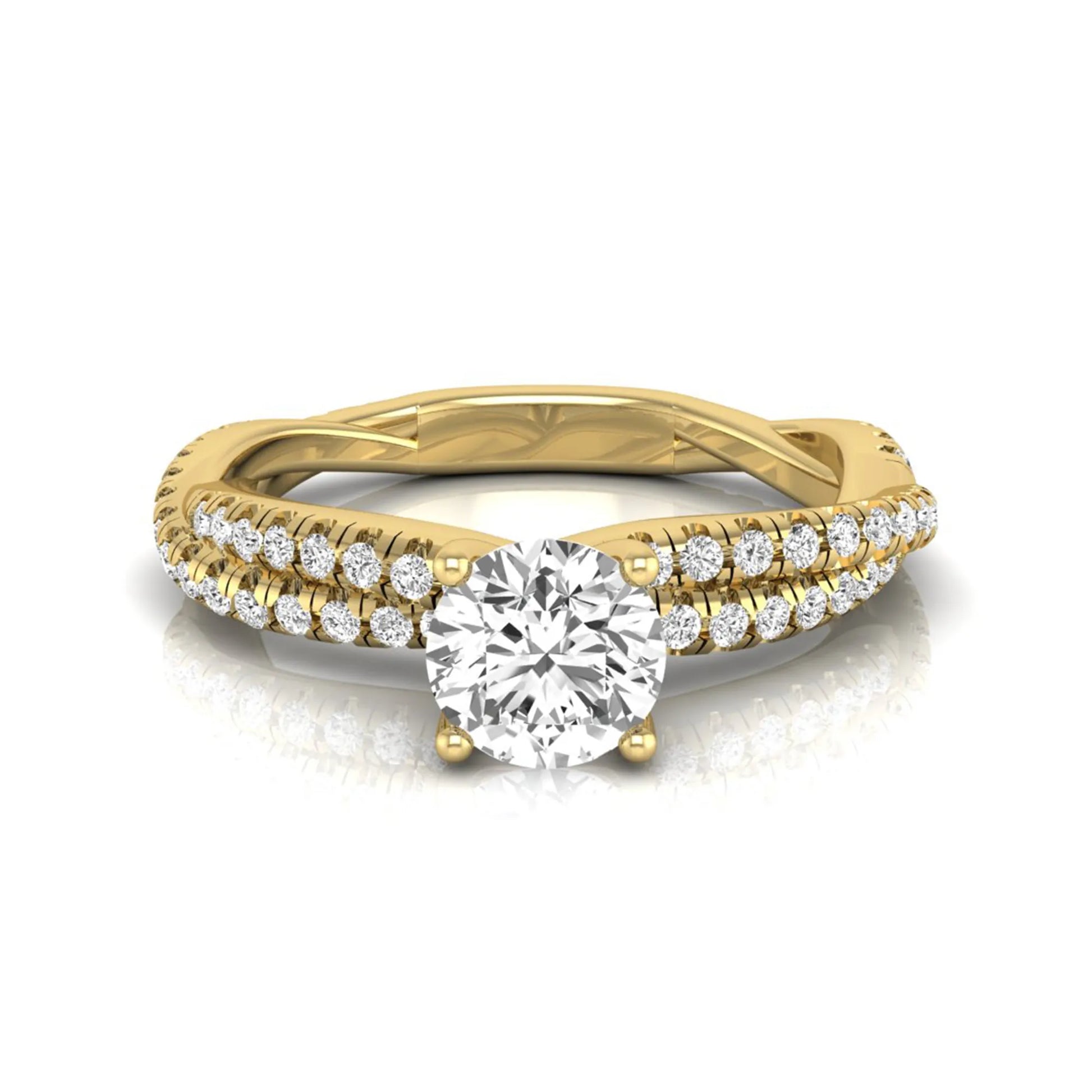 Round cut lab grown diamond engagement ring featuring a twisted pavé diamond shank in yellow gold.