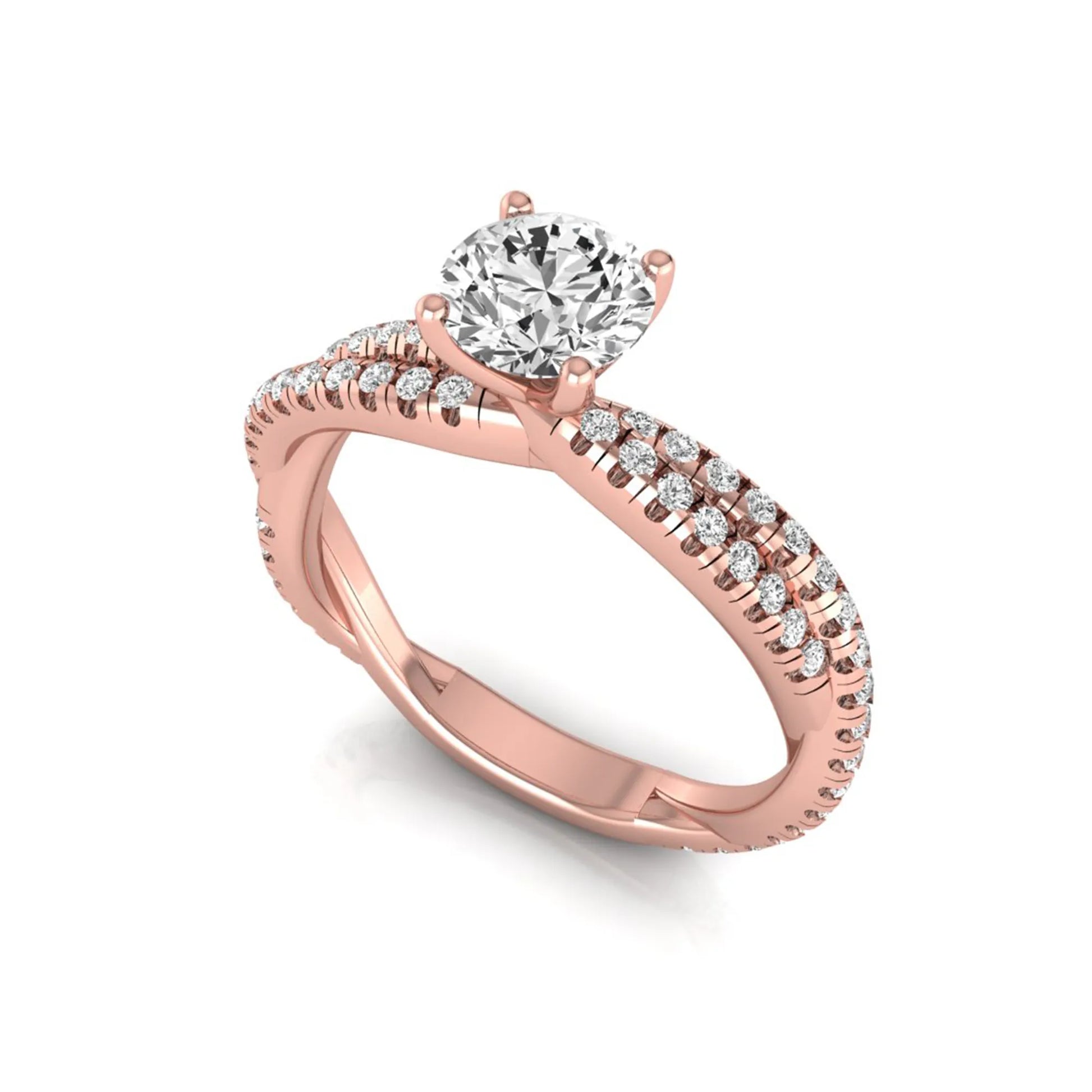 Round cut lab grown diamond engagement ring with twisted pavé diamond crossover band in rose gold.