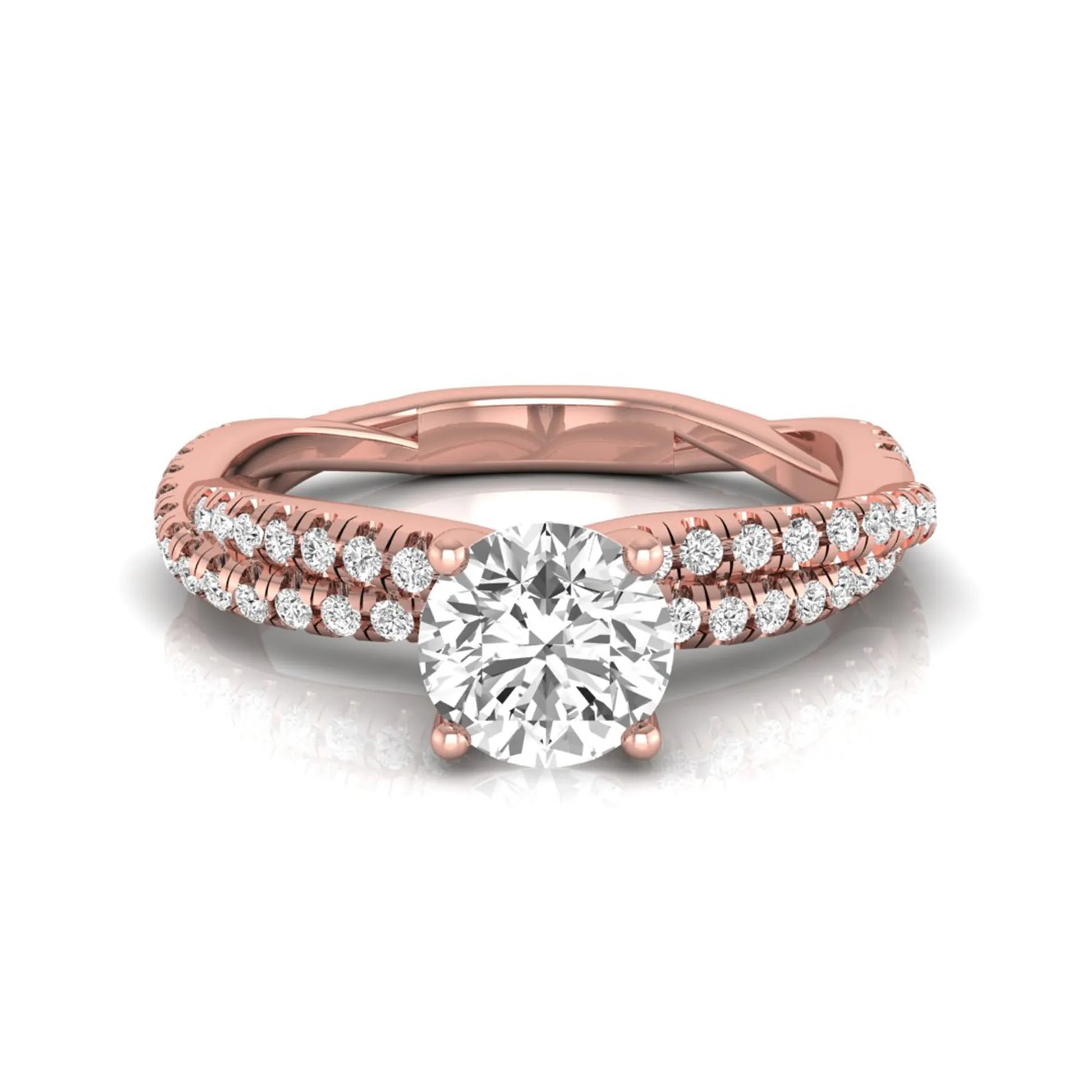 Round cut lab grown diamond engagement ring with twisted pavé diamond crossover band in rose gold.