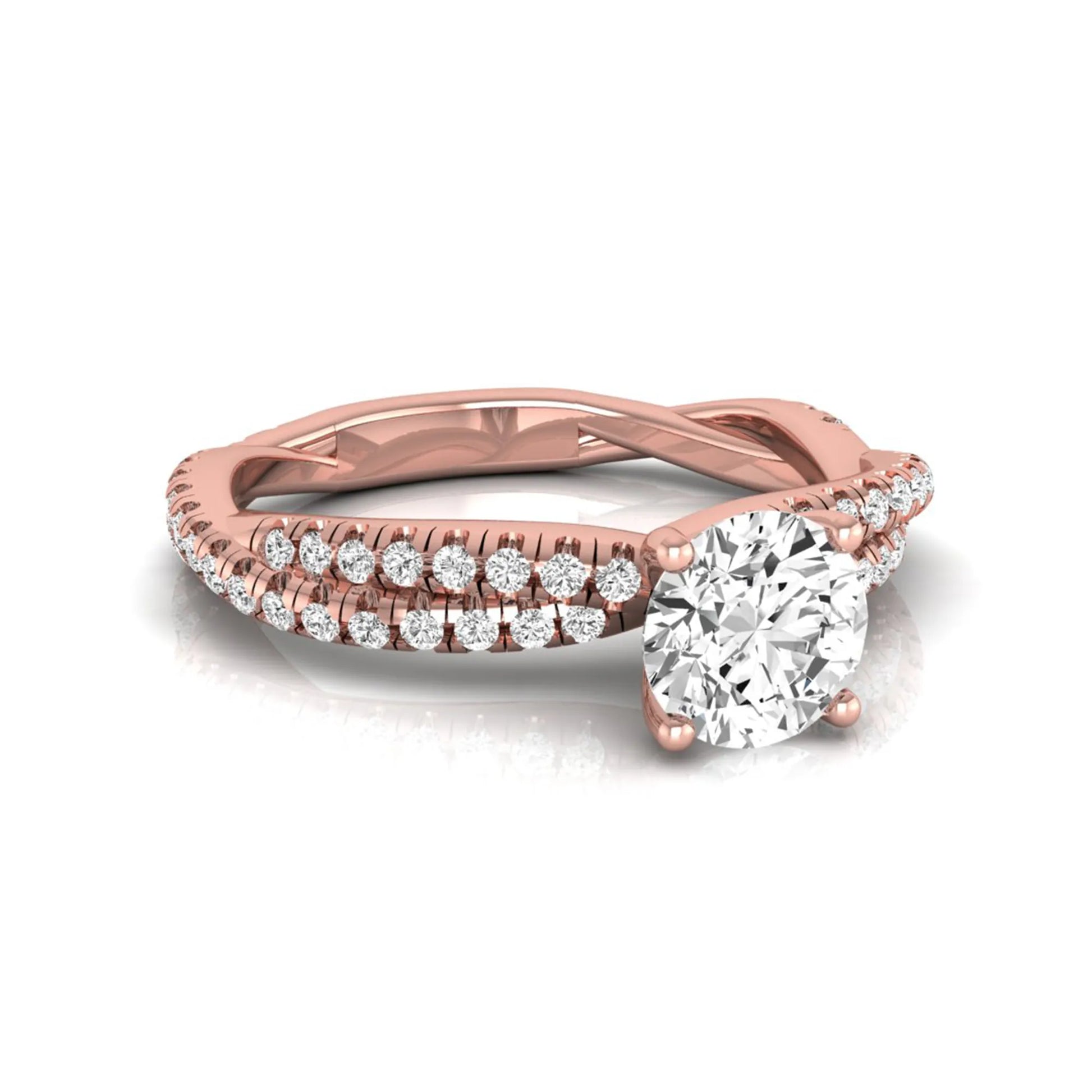 Round cut lab grown diamond engagement ring with twisted pavé diamond crossover band in rose gold.