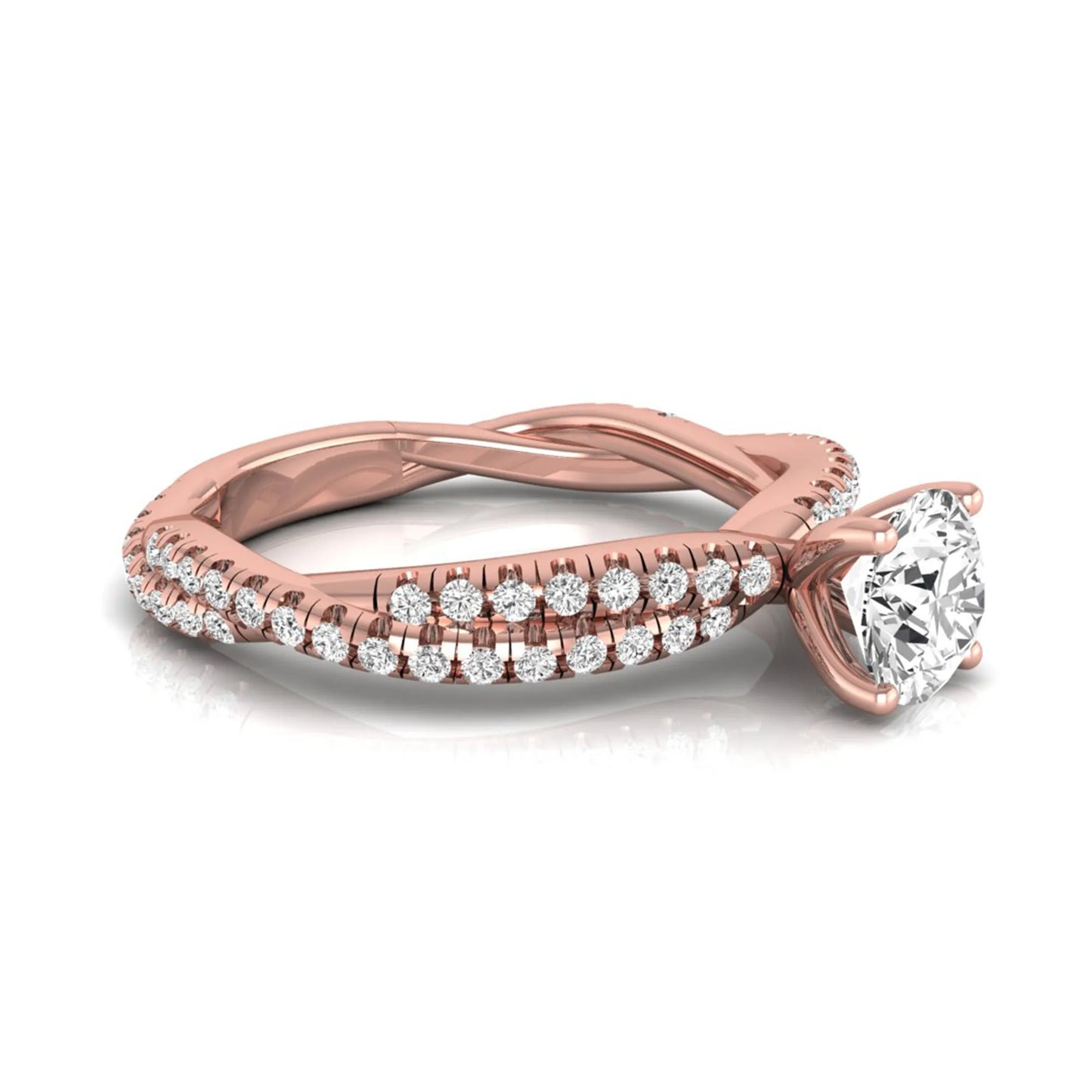 Round cut lab grown diamond engagement ring with twisted pavé diamond crossover band in rose gold.