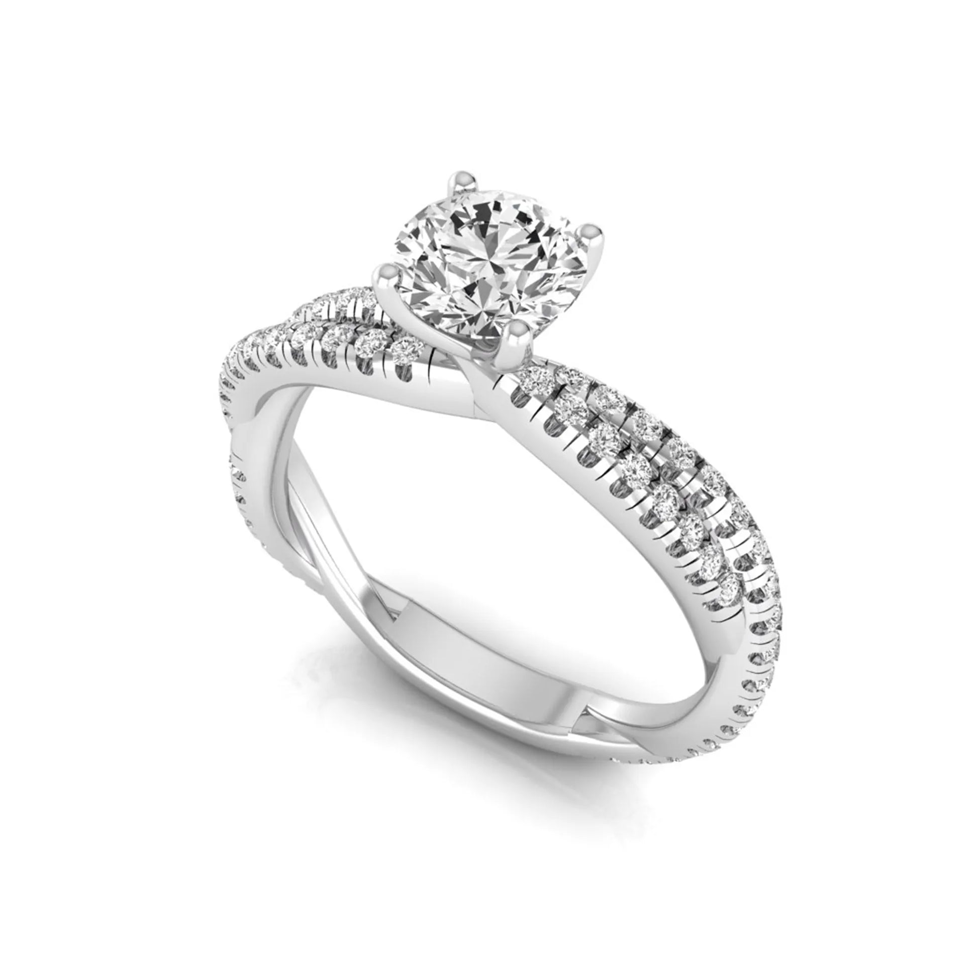 Round cut lab grown diamond engagement ring with twisted pavé diamond crossover band in white gold.