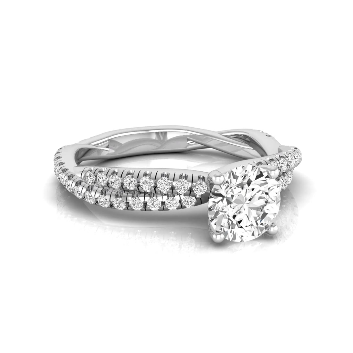Round cut lab grown diamond engagement ring with twisted pavé diamond crossover band in white gold.
