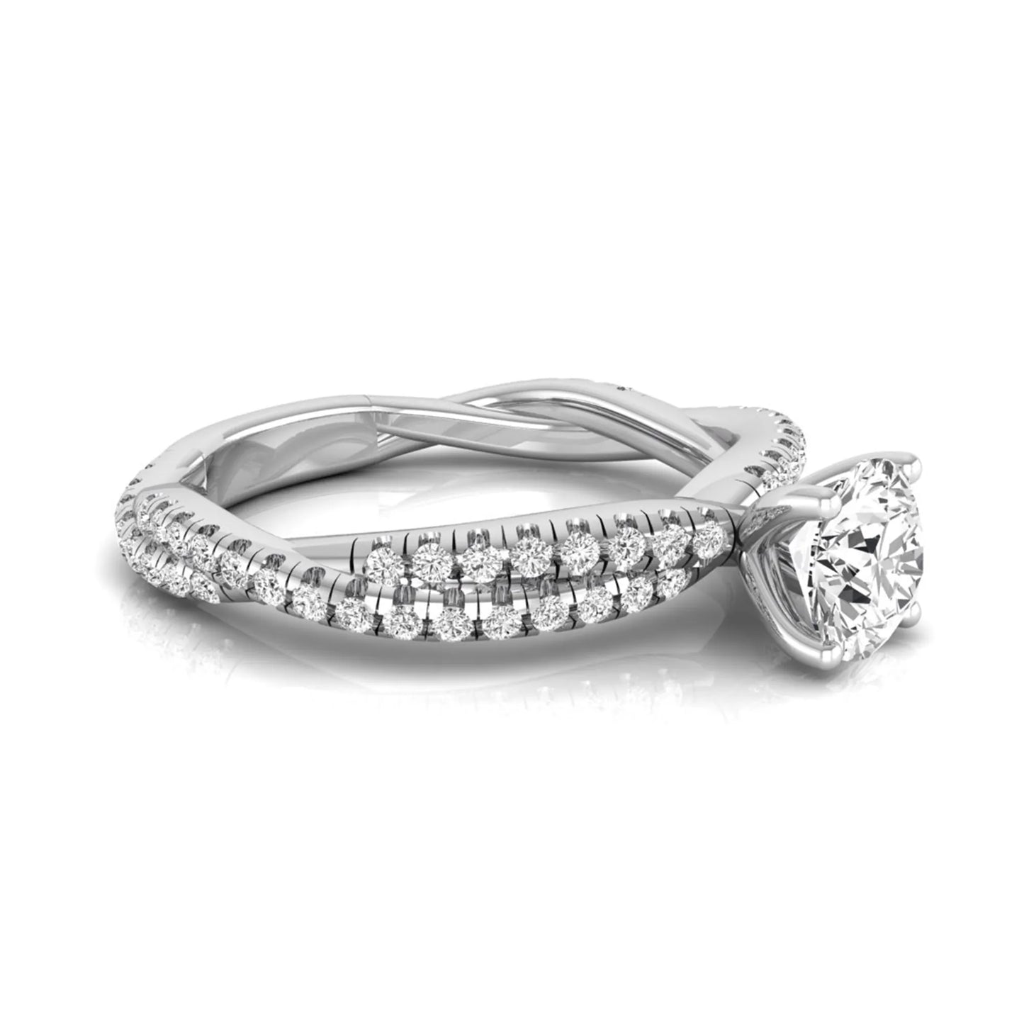 Round cut lab grown diamond engagement ring with twisted pavé diamond crossover band in white gold.