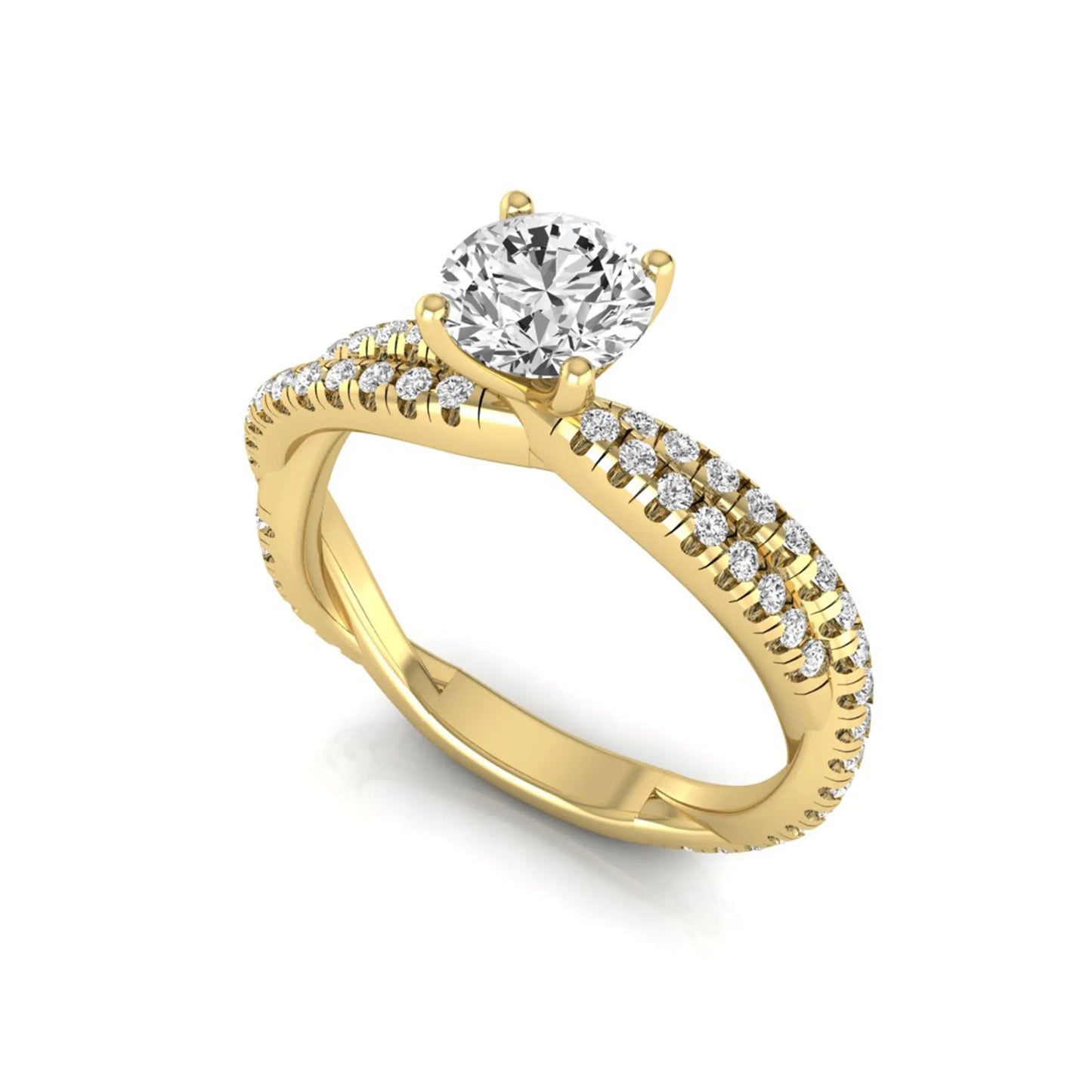 Round cut lab grown diamond engagement ring with twisted pavé diamond crossover band in yellow gold.
