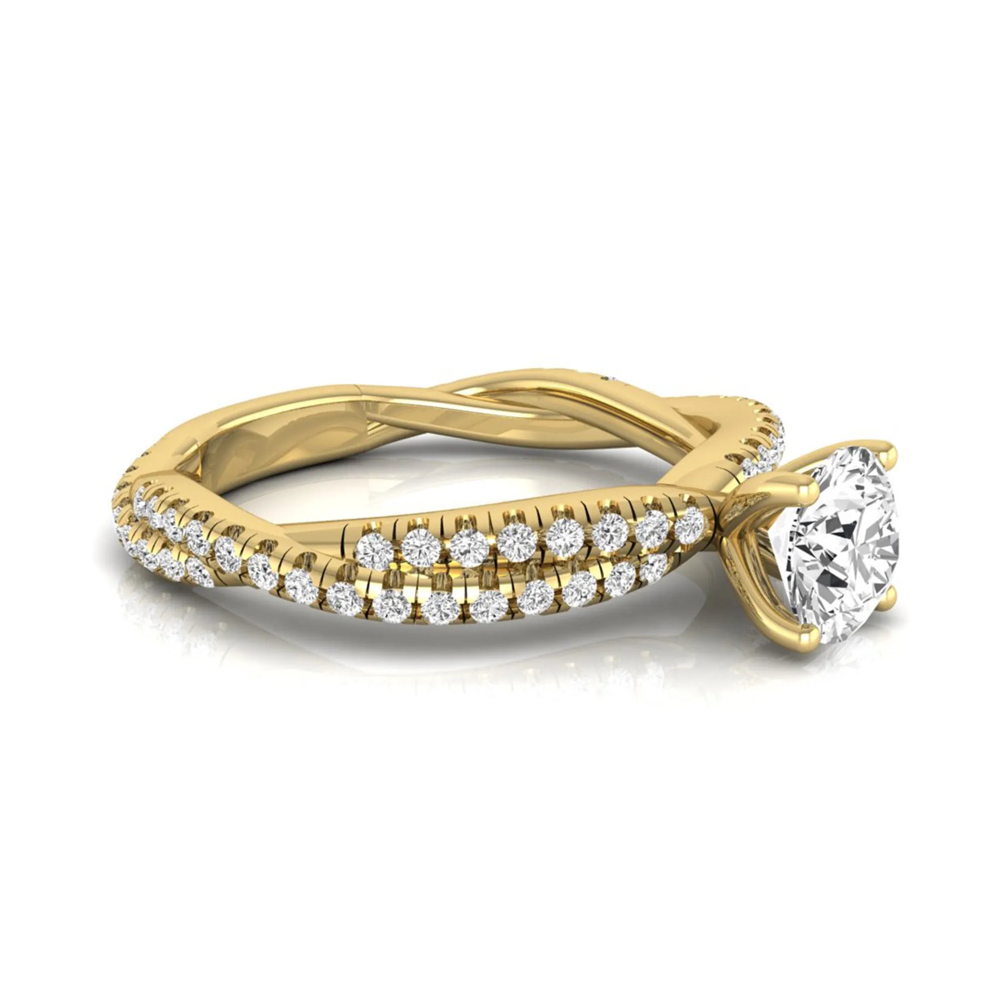 Round cut lab grown diamond engagement ring with twisted pavé diamond crossover band in yellow gold.