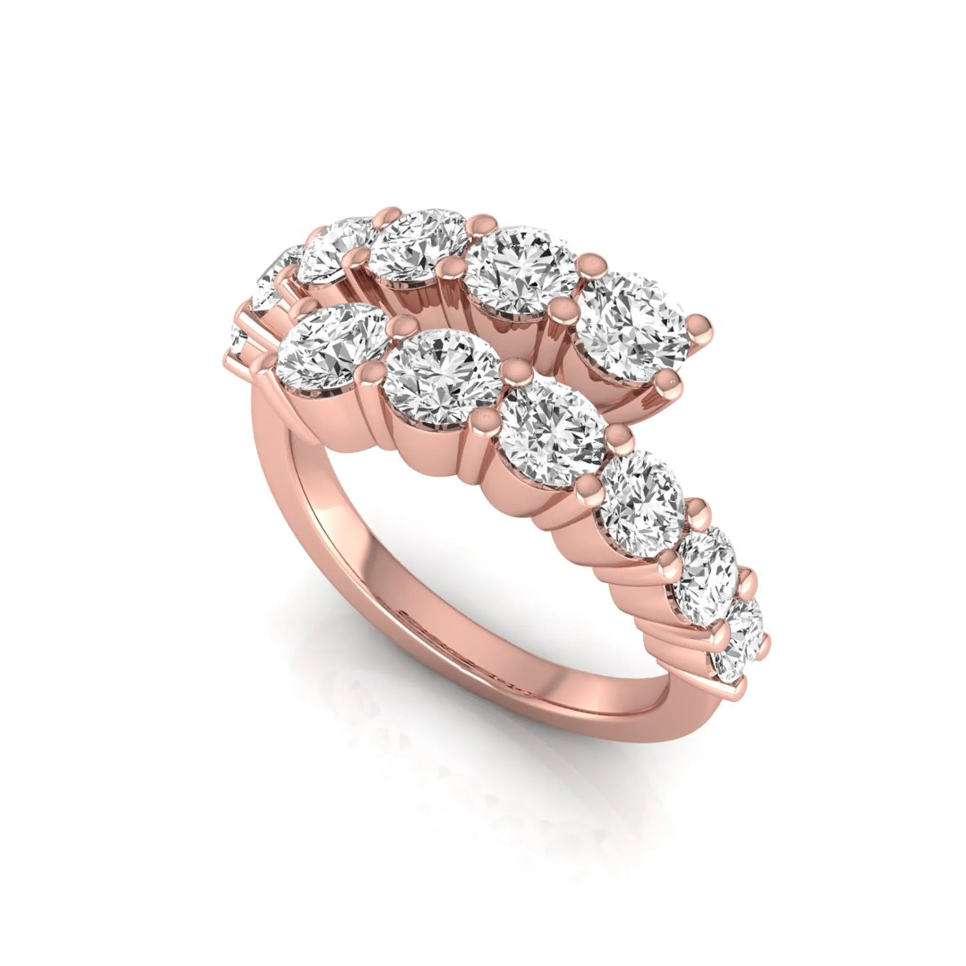 Round lab grown diamond bypass cluster fashion ring featuring 2.00 carats of round diamonds in a layered open bypass design with a polished rose gold band.