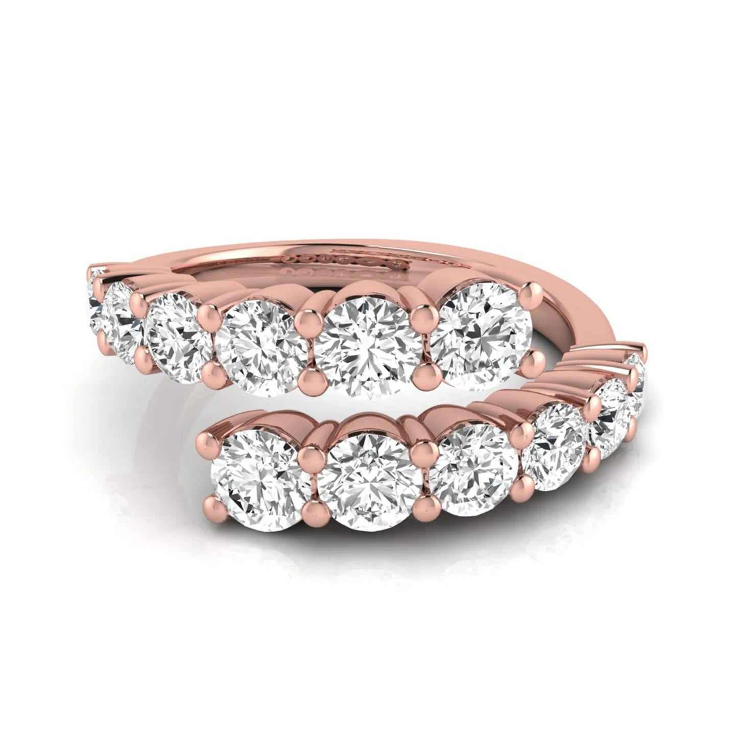 Round lab grown diamond bypass cluster fashion ring featuring 2.00 carats of round diamonds in a layered open bypass design with a polished rose gold band.