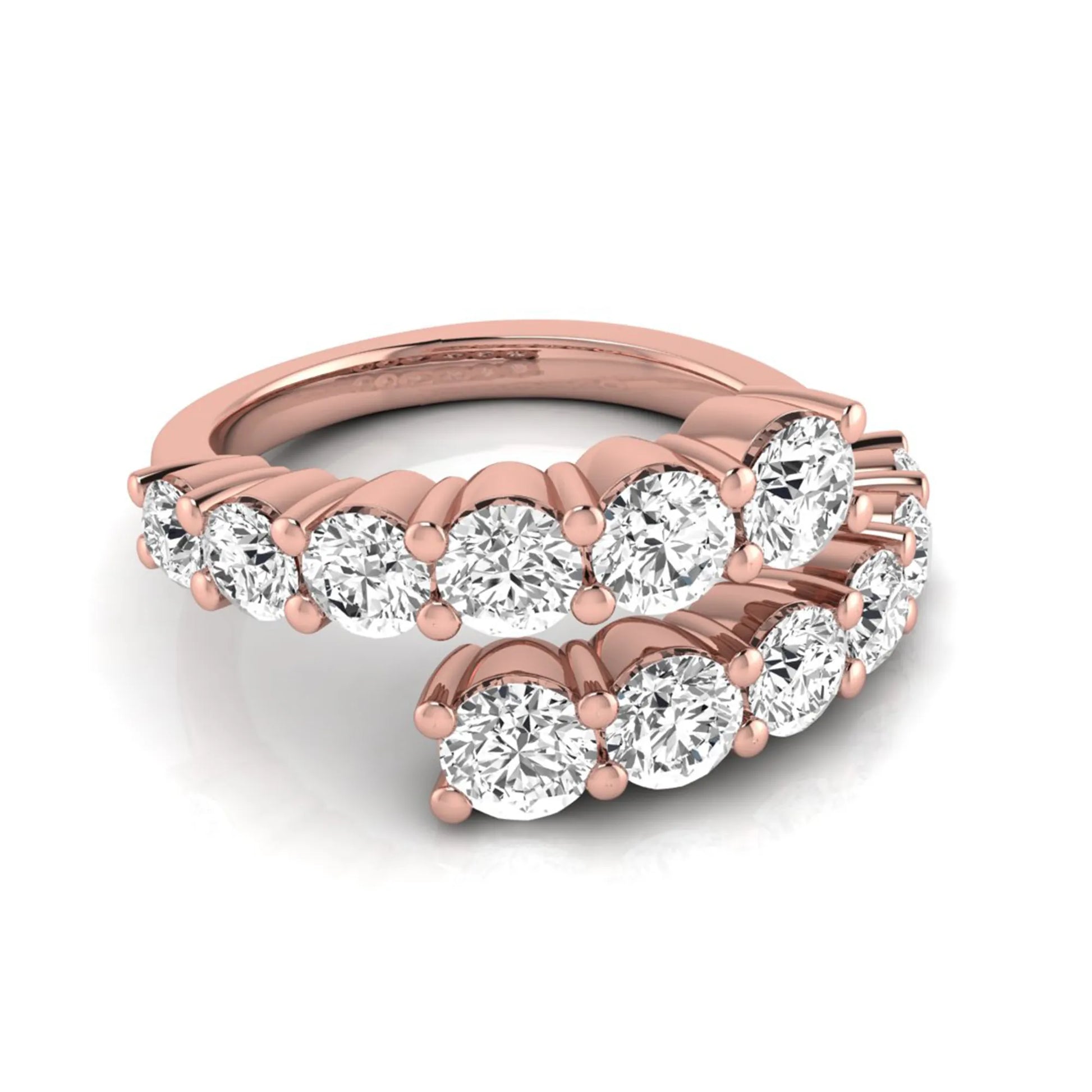 Round lab grown diamond bypass cluster fashion ring featuring 2.00 carats of round diamonds in a layered open bypass design with a polished rose gold band.