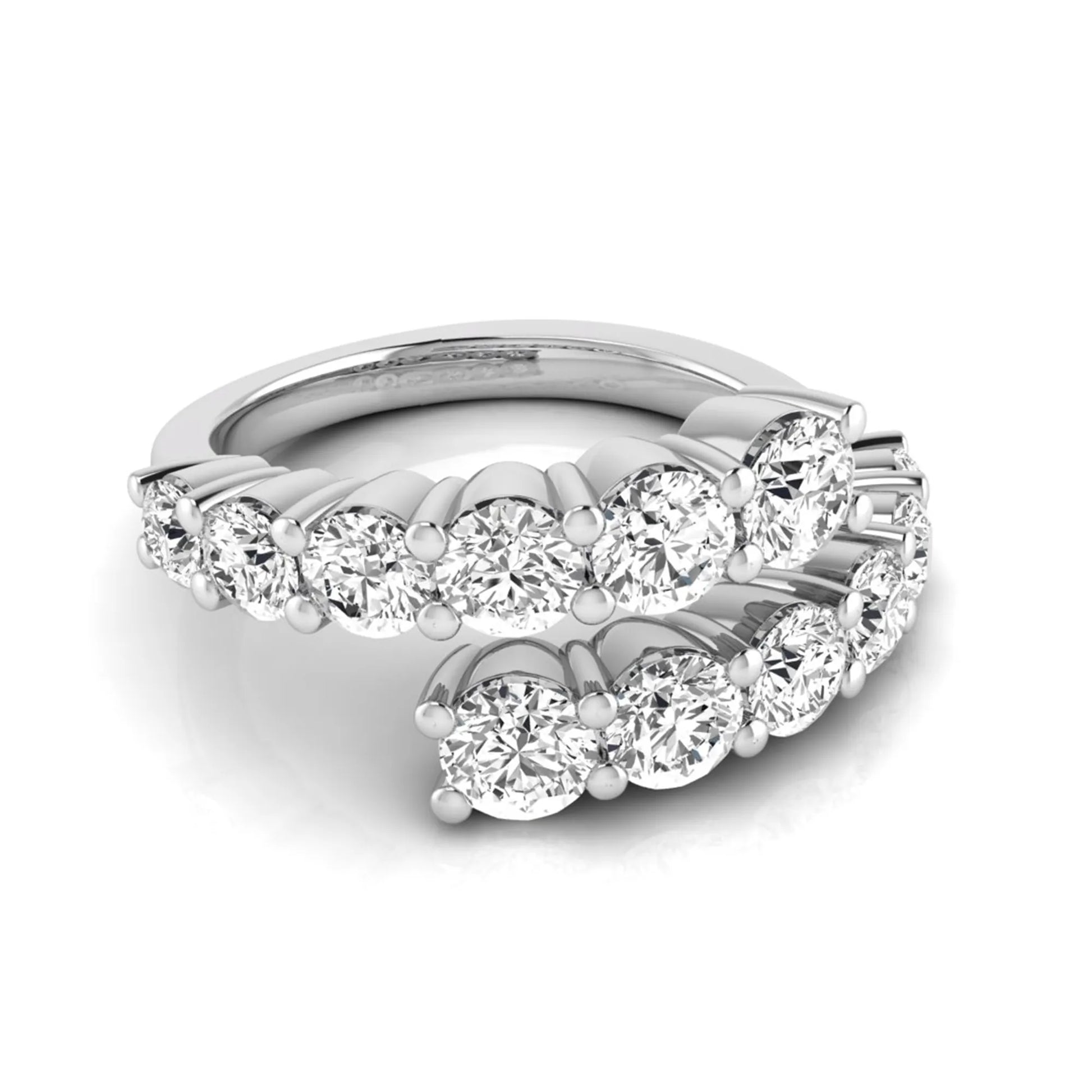 Round lab grown diamond bypass cluster fashion ring featuring 2.00 carats of round diamonds in a layered open bypass design with a polished white gold band.