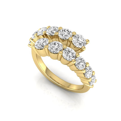 Round lab grown diamond bypass cluster fashion ring featuring 2.00 carats of round diamonds in a layered open bypass design with a polished yellow gold band.