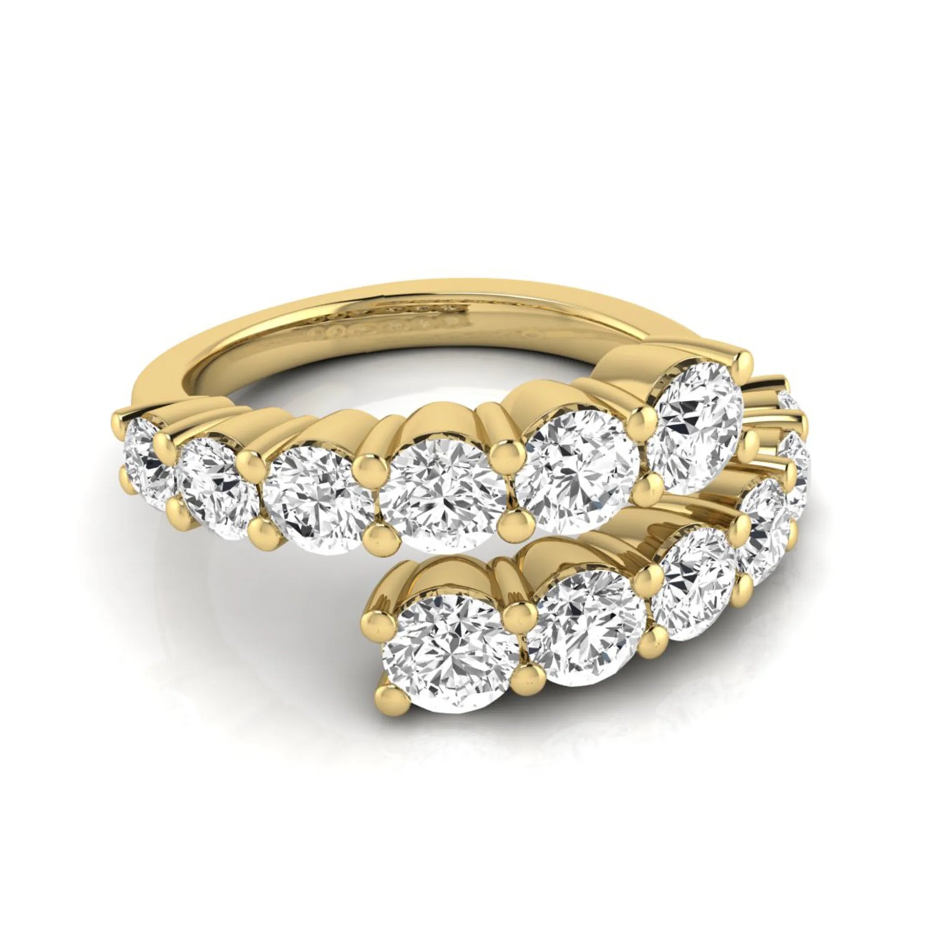 Round lab grown diamond bypass cluster fashion ring featuring 2.00 carats of round diamonds in a layered open bypass design with a polished yellow gold band.