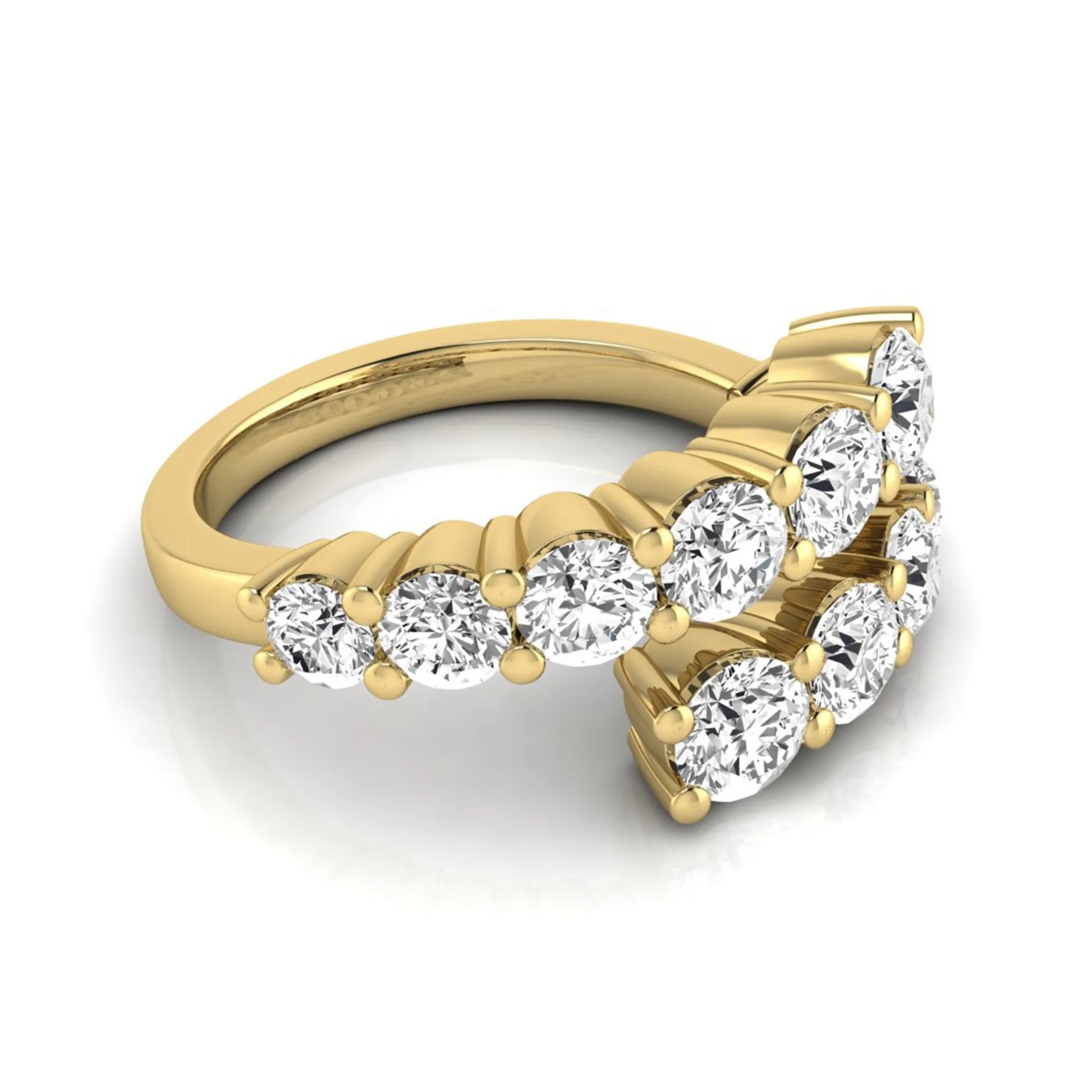 Round lab grown diamond bypass cluster fashion ring featuring 2.00 carats of round diamonds in a layered open bypass design with a polished yellow gold band.