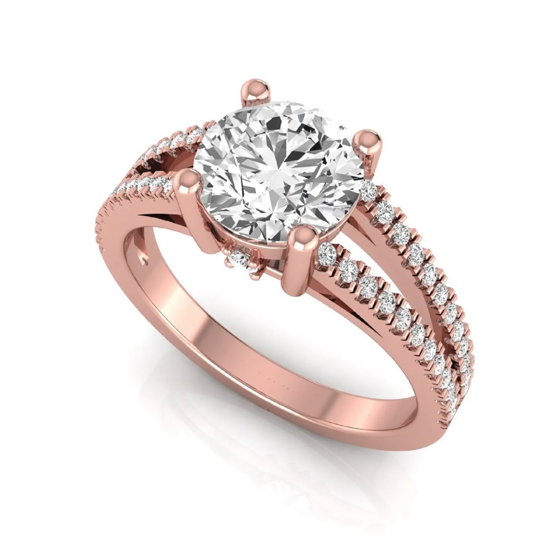 Round cut lab grown diamond engagement ring featuring a 1.28 carat center diamond in a four-prong setting with a pavé split shank and polished rose gold finish.
