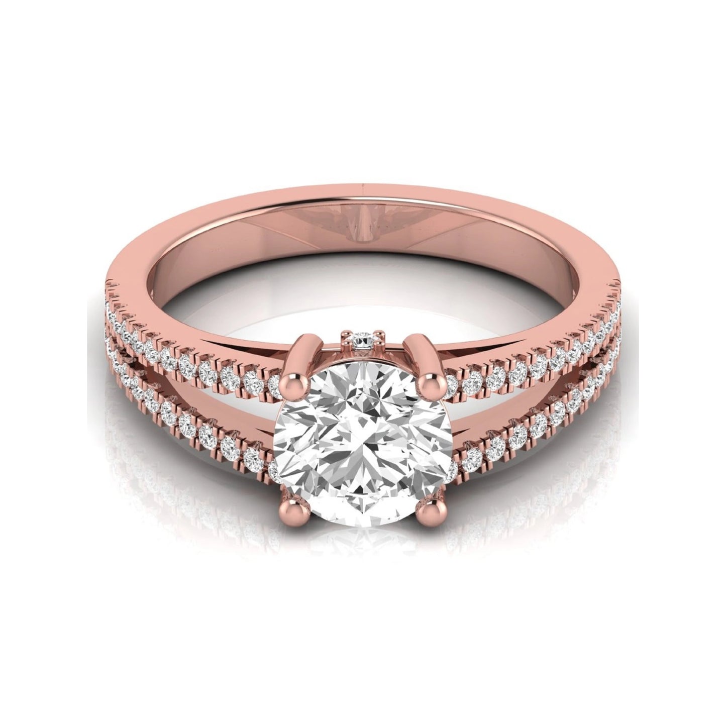 Round cut lab grown diamond engagement ring featuring a 1.28 carat center diamond in a four-prong setting with a pavé split shank and polished rose gold finish.
