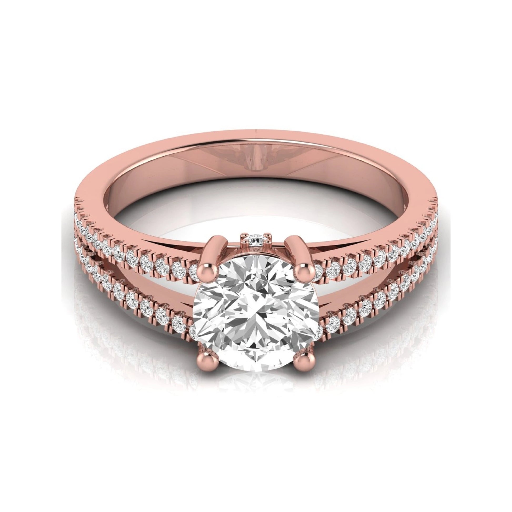 Round cut lab grown diamond engagement ring featuring a 1.28 carat center diamond in a four-prong setting with a pavé split shank and polished rose gold finish.
