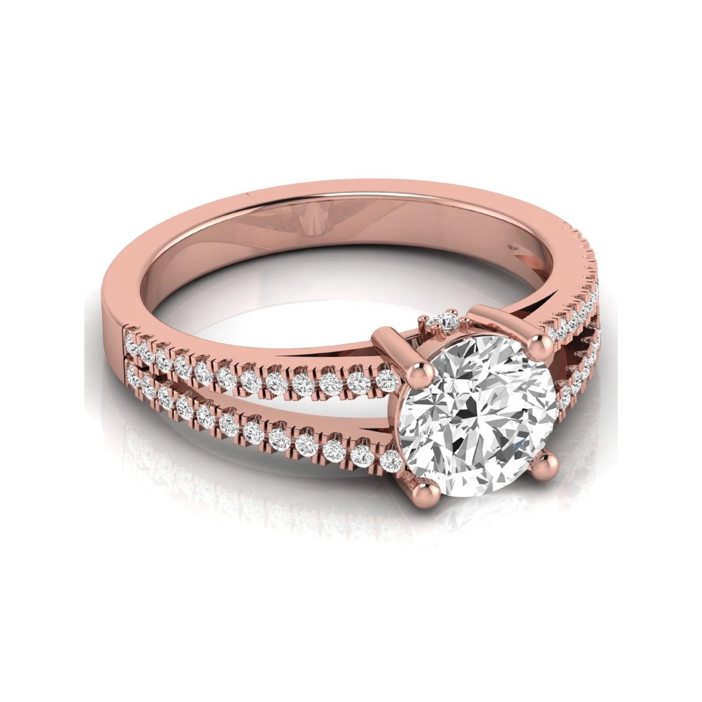Round cut lab grown diamond engagement ring featuring a 1.28 carat center diamond in a four-prong setting with a pavé split shank and polished rose gold finish.