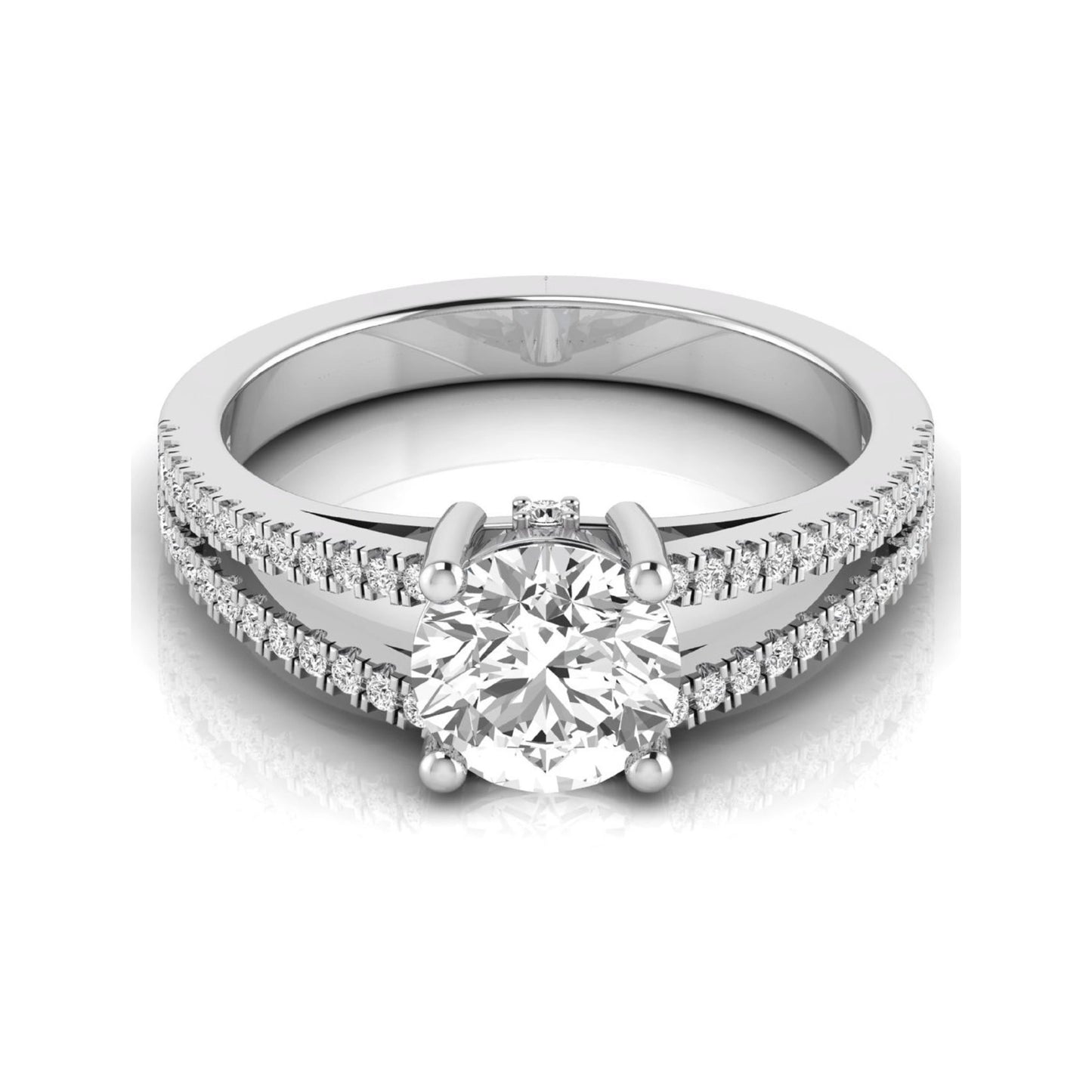 Round cut lab grown diamond engagement ring featuring a 1.28 carat center diamond in a four-prong setting with a pavé split shank and polished white gold finish.