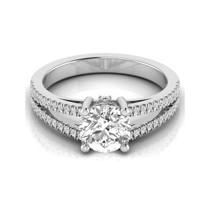 Round cut lab grown diamond engagement ring featuring a 1.28 carat center diamond in a four-prong setting with a pavé split shank and polished white gold finish.