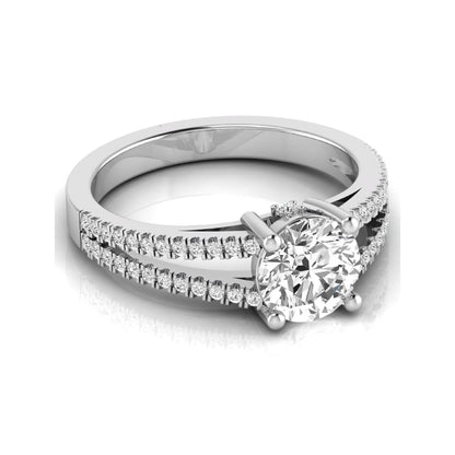 Round cut lab grown diamond engagement ring featuring a 1.28 carat center diamond in a four-prong setting with a pavé split shank and polished white gold finish.
