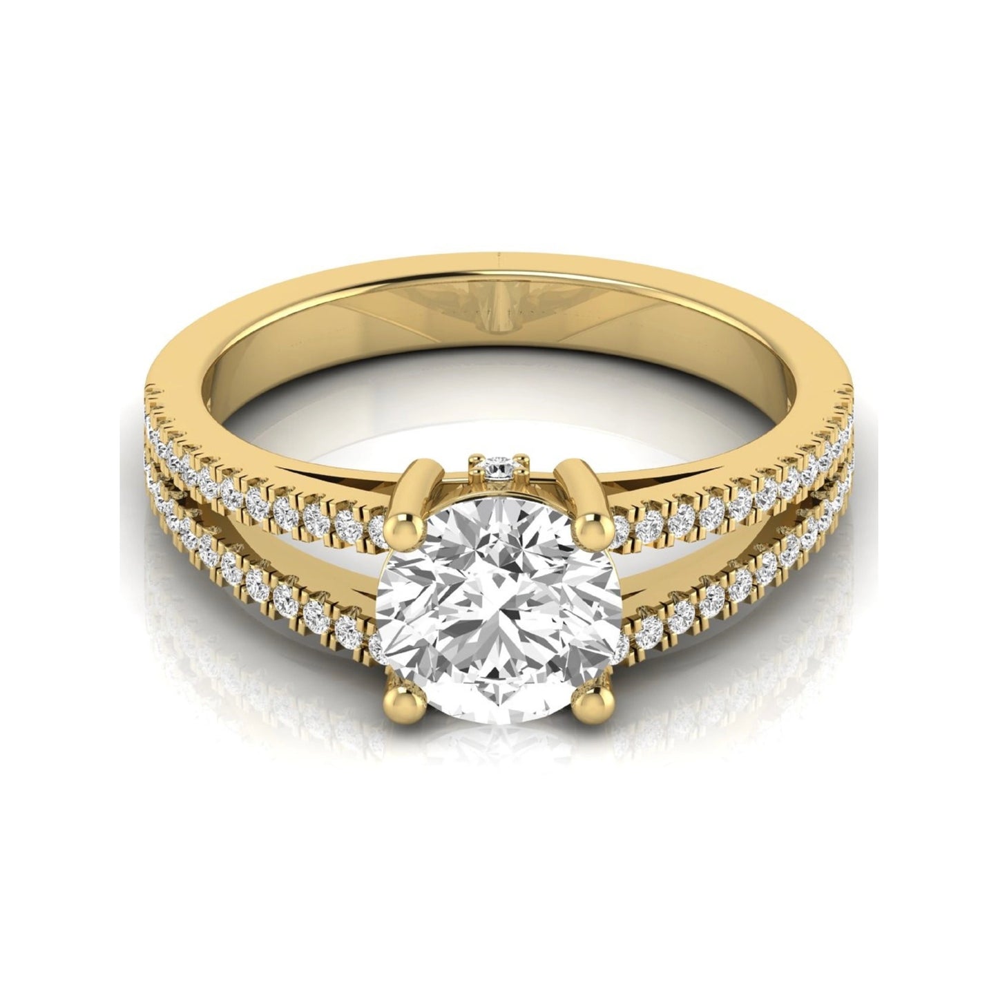 Round cut lab grown diamond engagement ring featuring a 1.28 carat center diamond in a four-prong setting with a pavé split shank and polished yellow gold finish.