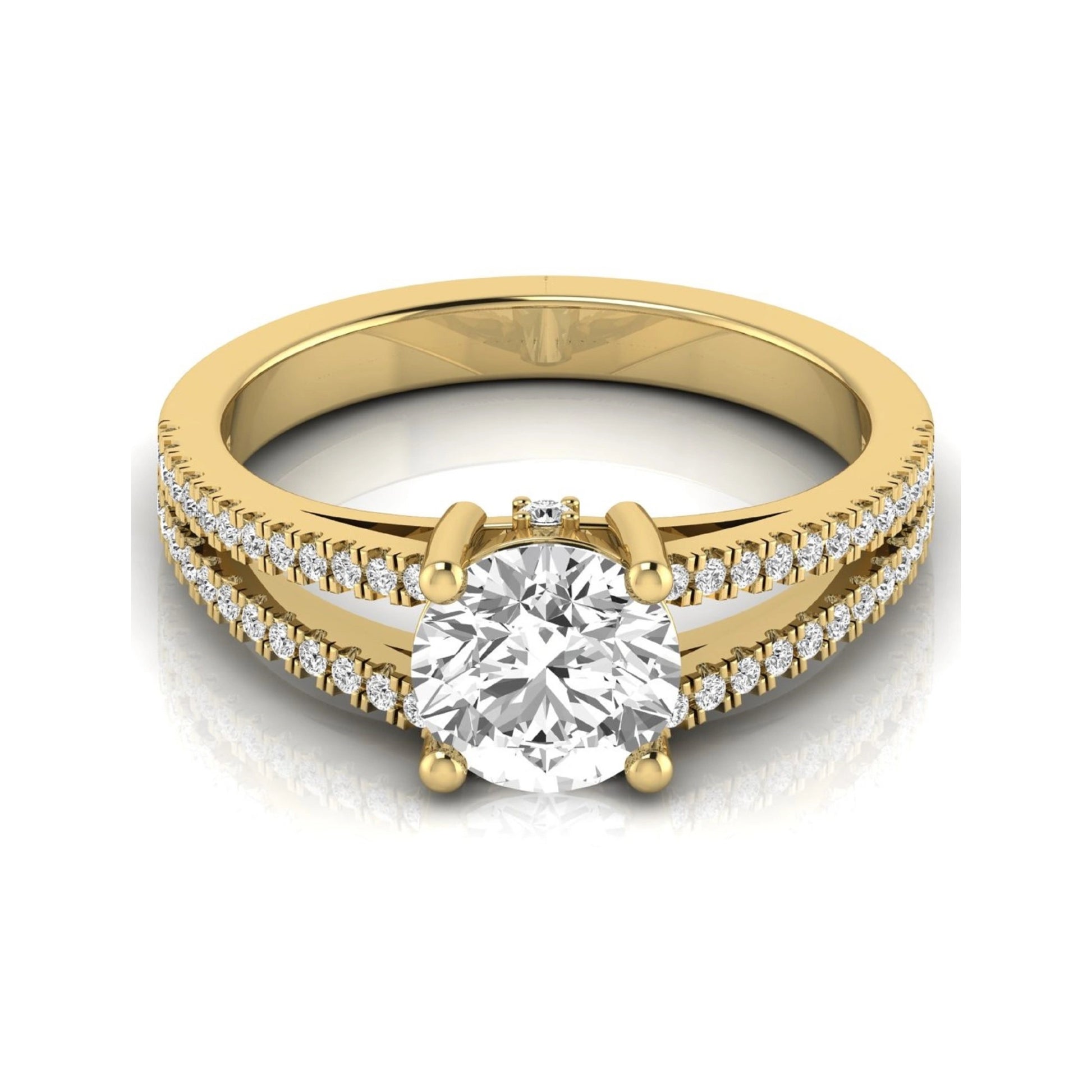 Round cut lab grown diamond engagement ring featuring a 1.28 carat center diamond in a four-prong setting with a pavé split shank and polished yellow gold finish.