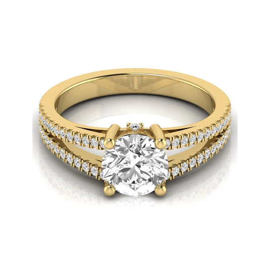 Round cut lab grown diamond engagement ring featuring a 1.28 carat center diamond in a four-prong setting with a pavé split shank and polished yellow gold finish.