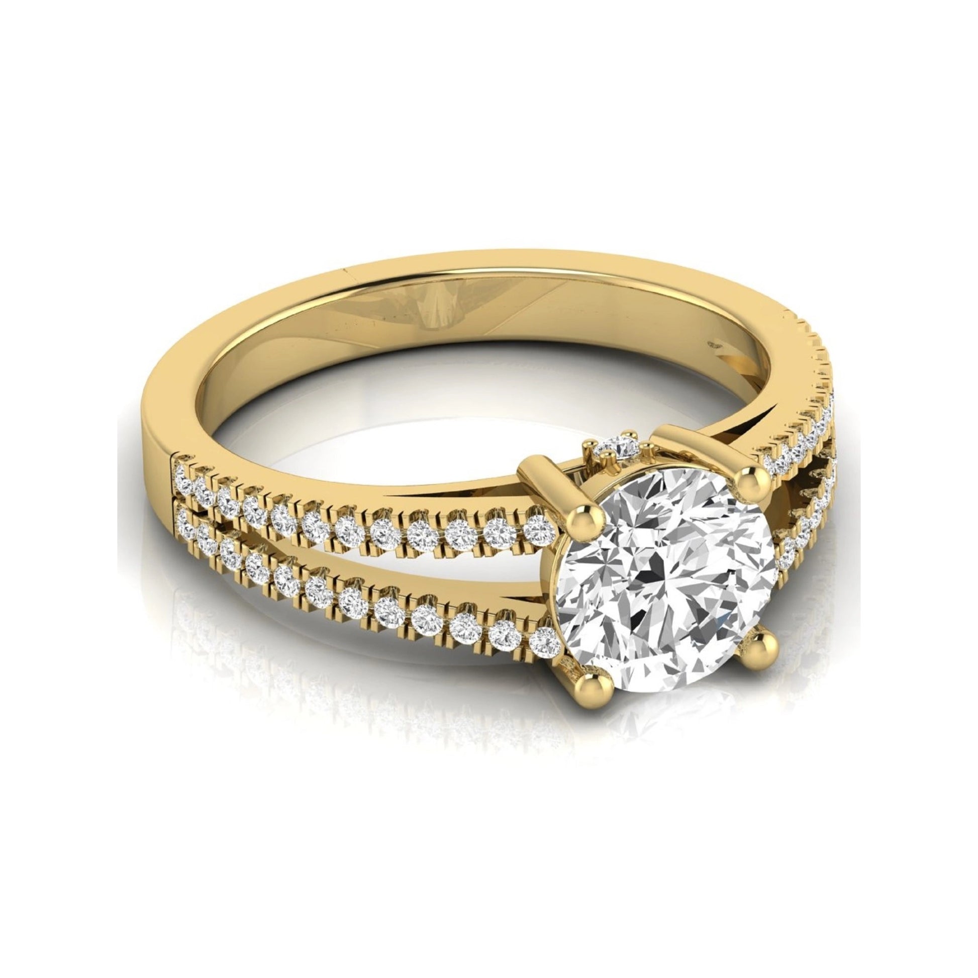 Round cut lab grown diamond engagement ring featuring a 1.28 carat center diamond in a four-prong setting with a pavé split shank and polished yellow gold finish.