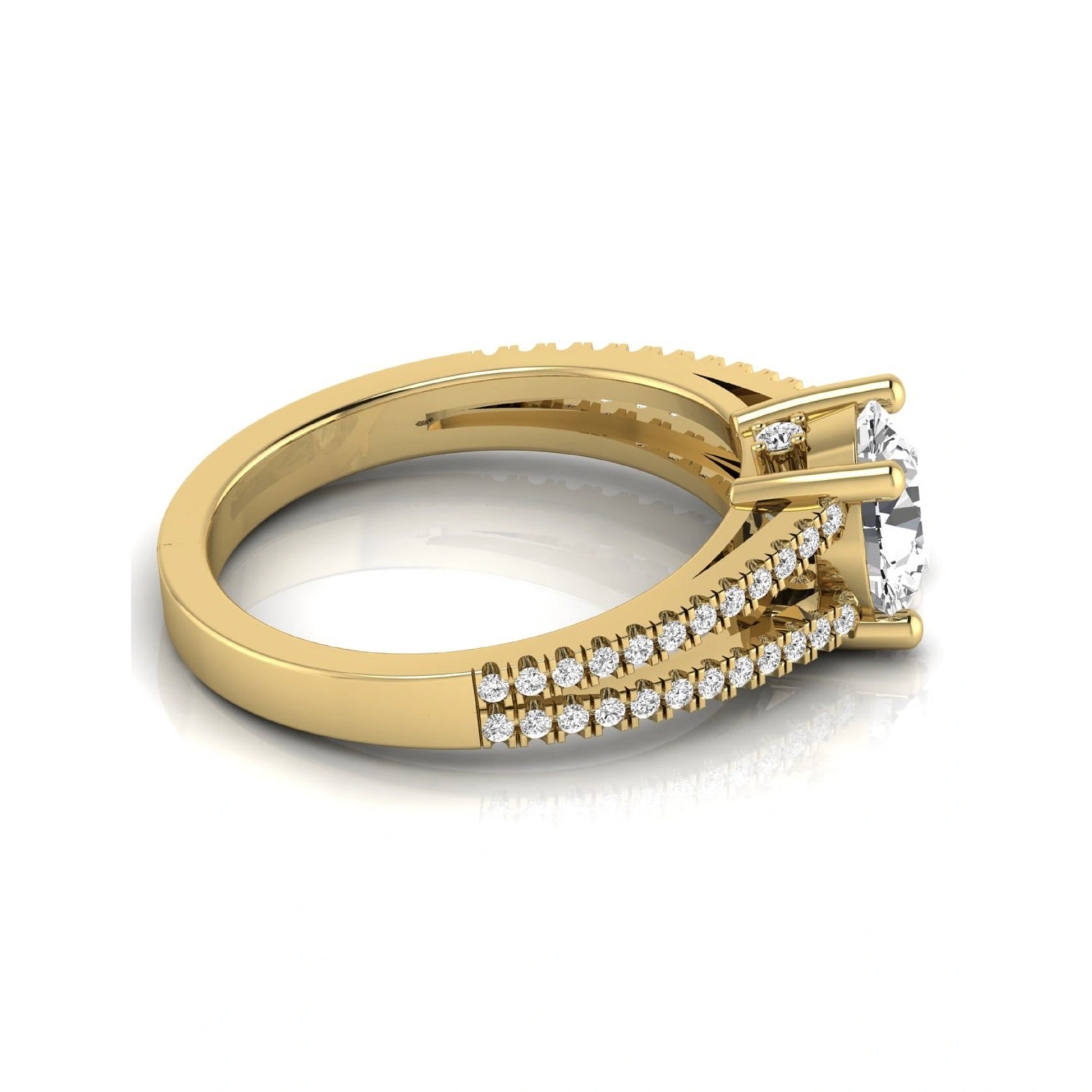 Round cut lab grown diamond engagement ring featuring a 1.28 carat center diamond in a four-prong setting with a pavé split shank and polished yellow gold finish.