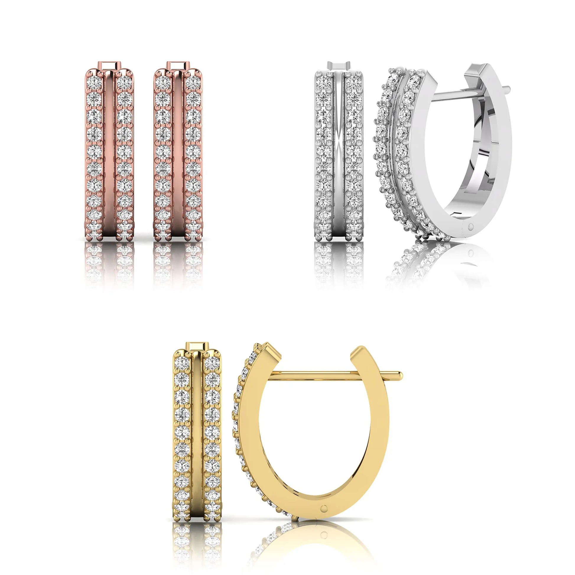 Set of hoop earrings in rose , silver, and gold on a white background