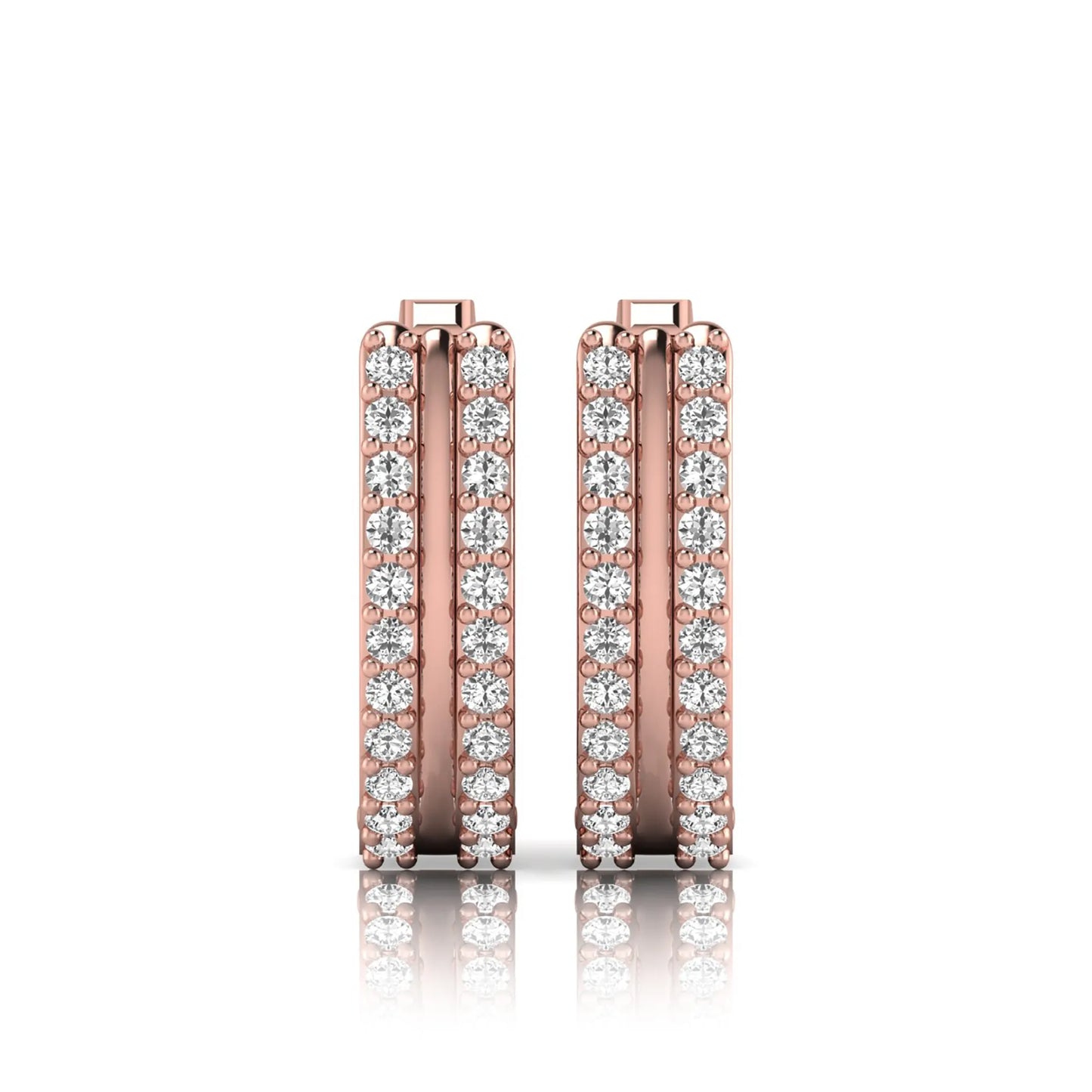Round cut lab grown diamond prong set hoop earrings with hinged snap closure in rose gold tone design