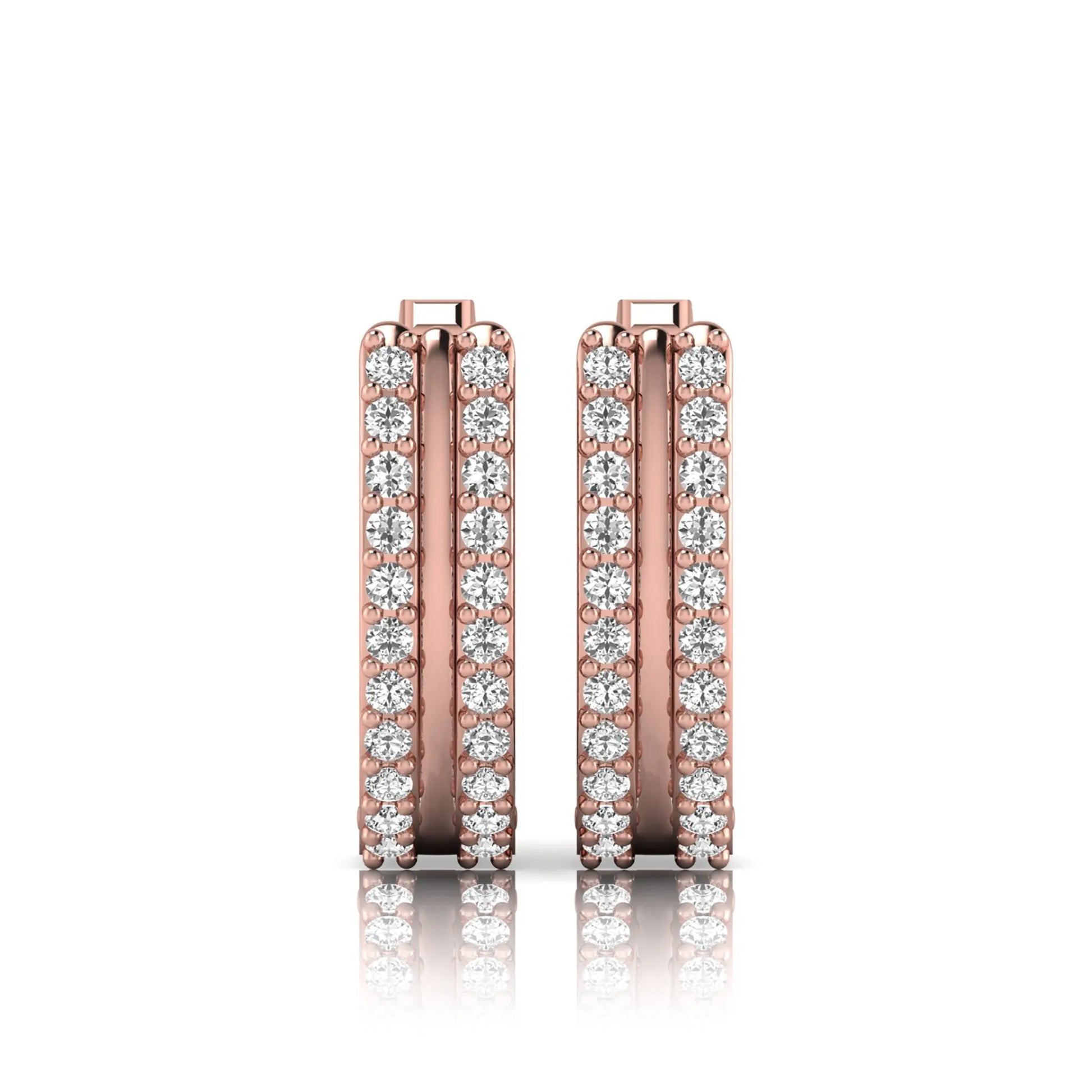 Round cut lab grown diamond prong set hoop earrings with hinged snap closure in rose gold tone design