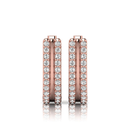Round cut lab grown diamond prong set hoop earrings with hinged snap closure in rose gold tone design