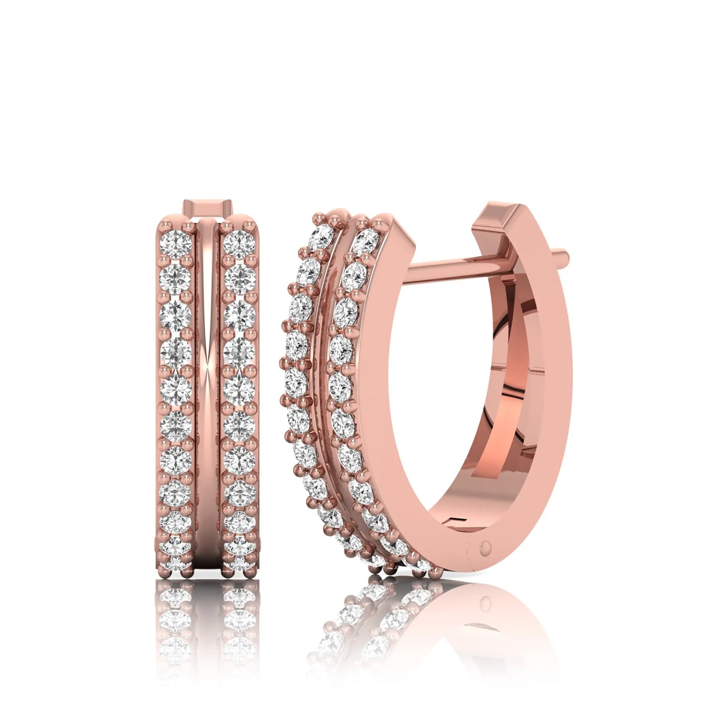 Round cut lab grown diamond prong set hoop earrings with hinged snap closure in rose gold tone design