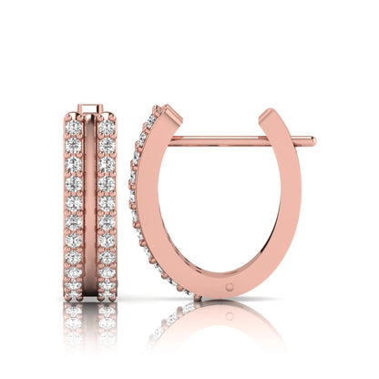 Round cut lab grown diamond prong set hoop earrings with hinged snap closure in rose gold tone design