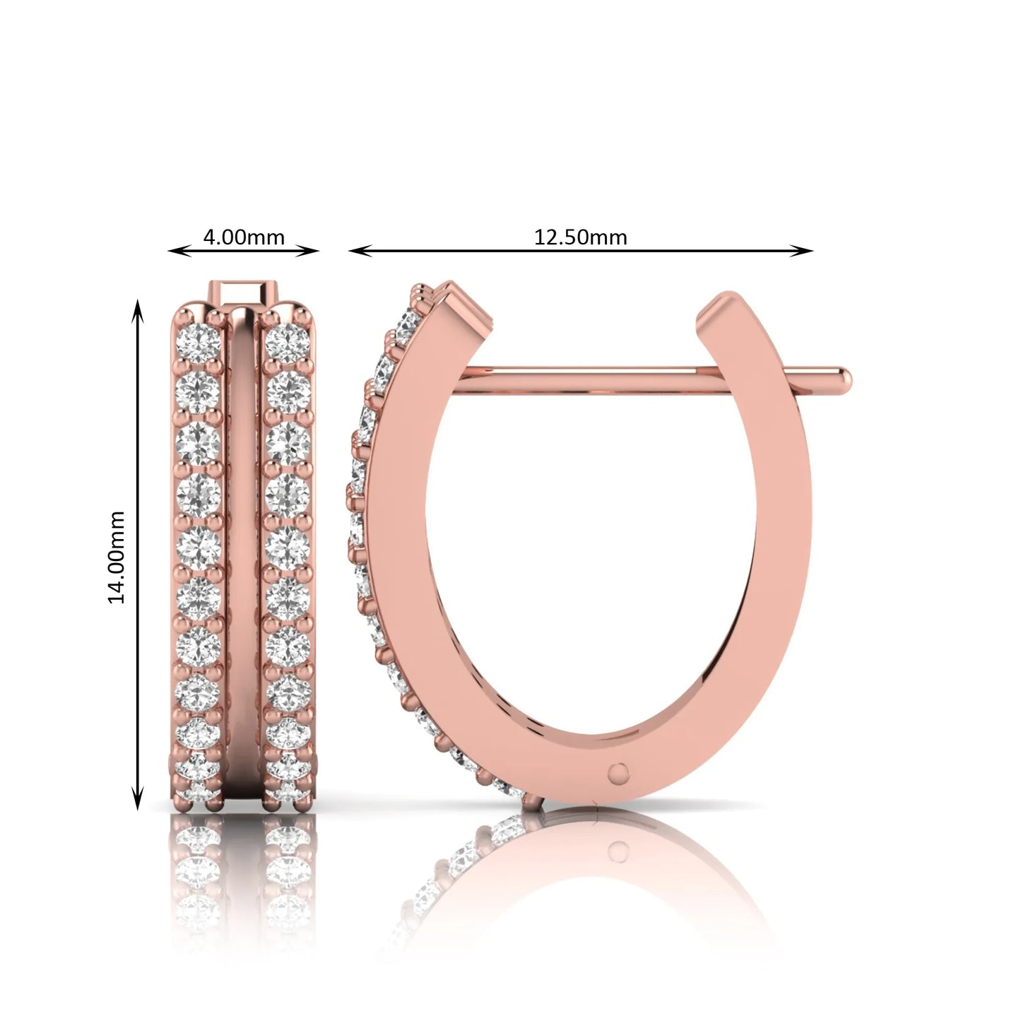 Round cut lab grown diamond prong set hoop earrings with hinged snap closure in rose gold tone design