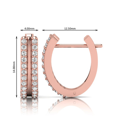 Round cut lab grown diamond prong set hoop earrings with hinged snap closure in rose gold tone design